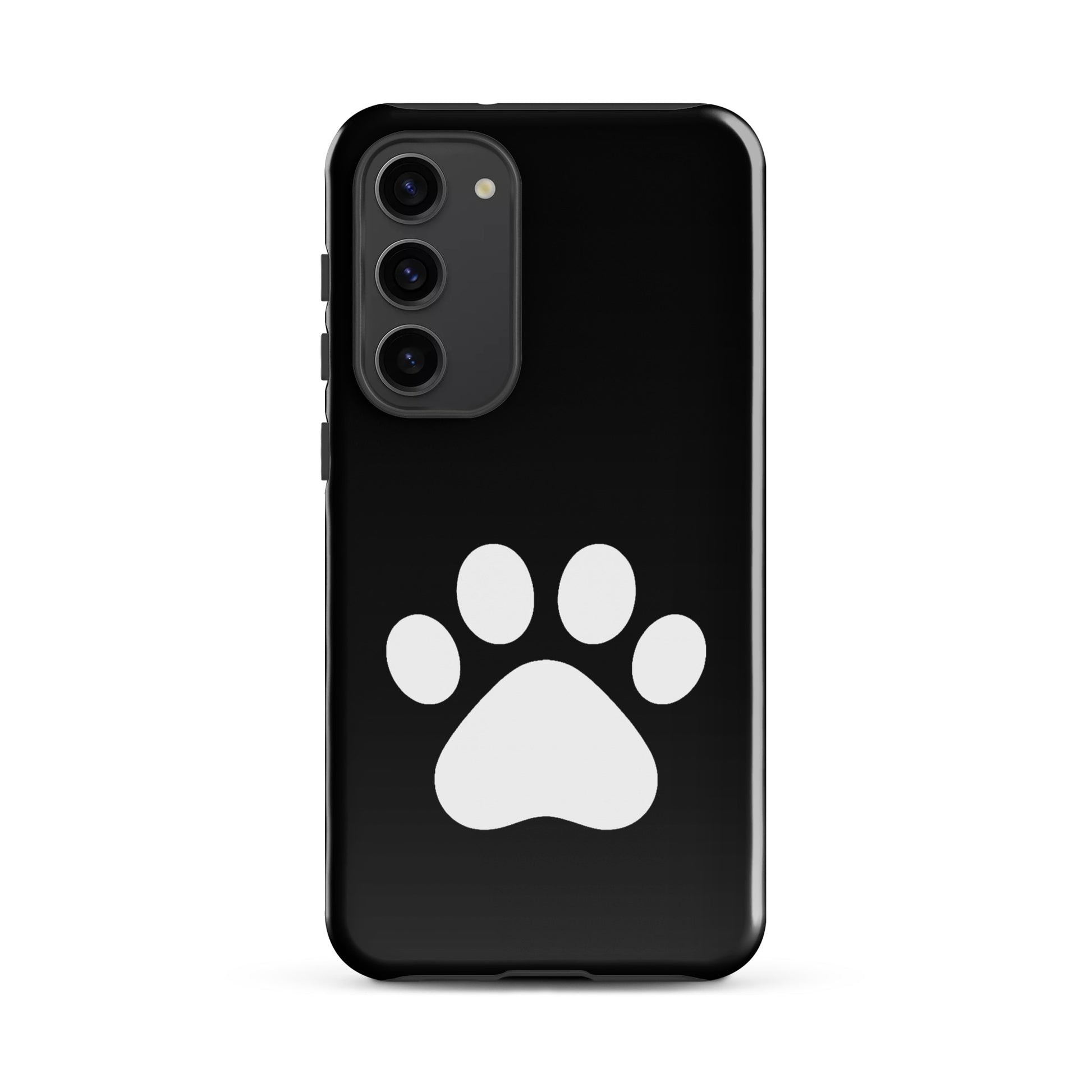 Phone Case for Samsung Galaxy in black with white paw print design for pet lovers, featuring minimalist style and durable protection.