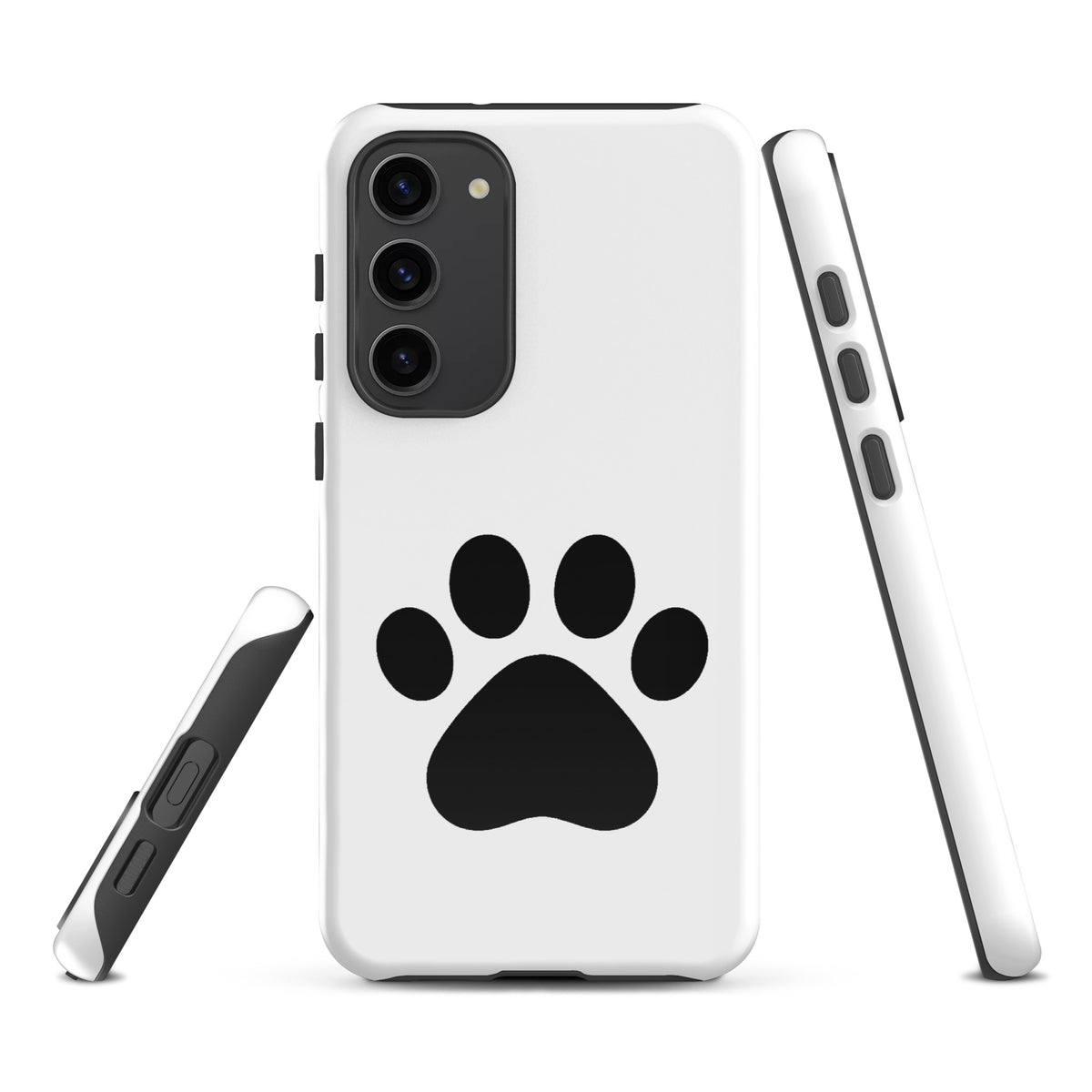 Phone Case for Samsung Galaxy with black paw print design, perfect for pet lovers, available in white with minimalist aesthetics.