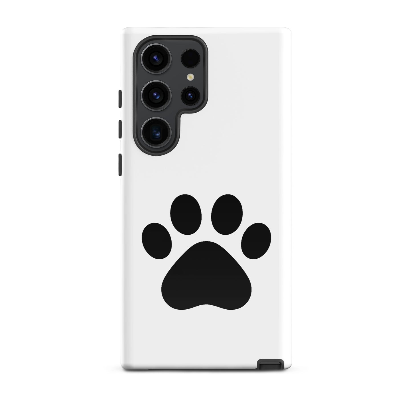 Phone Case for Samsung Galaxy in white with black paw print design, ideal for pet lovers, cat and dog owners seeking style and protection.