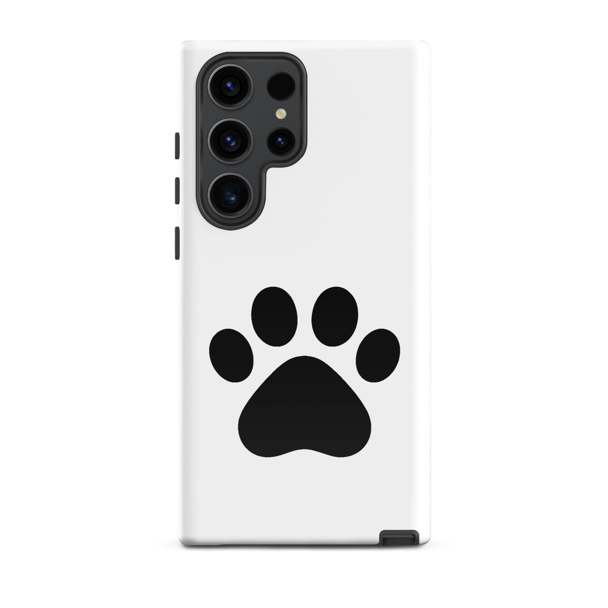Phone Case for Samsung Galaxy in white with black paw print design, ideal for pet lovers, cat and dog owners seeking style and protection.