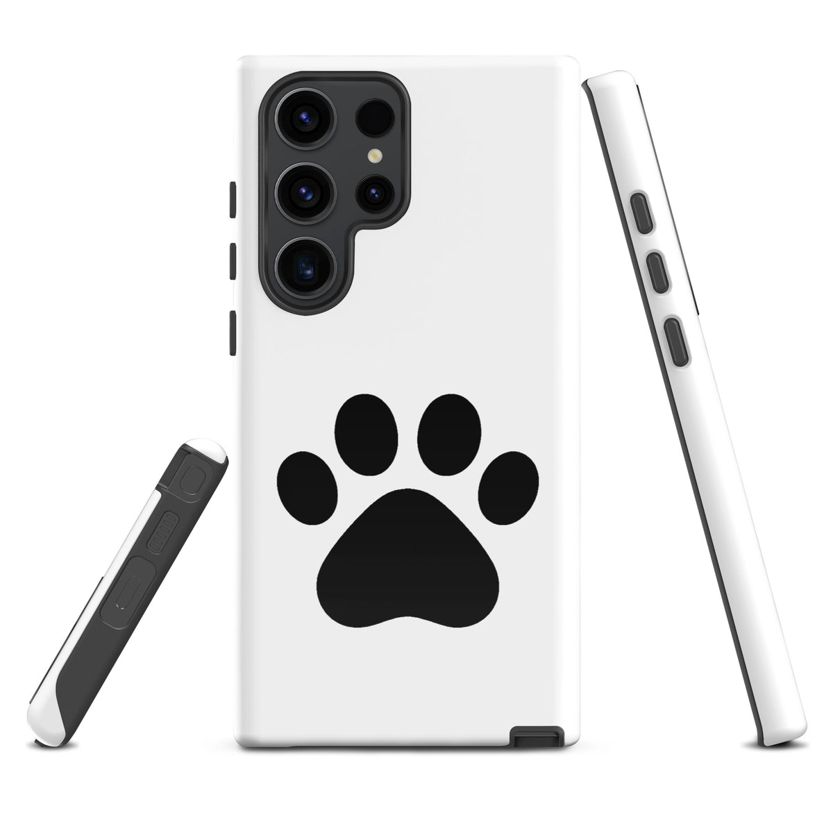 White and black paw print Phone Case for Samsung Galaxy, designed for pet lovers, featuring minimalist cat and dog theme, modern style.