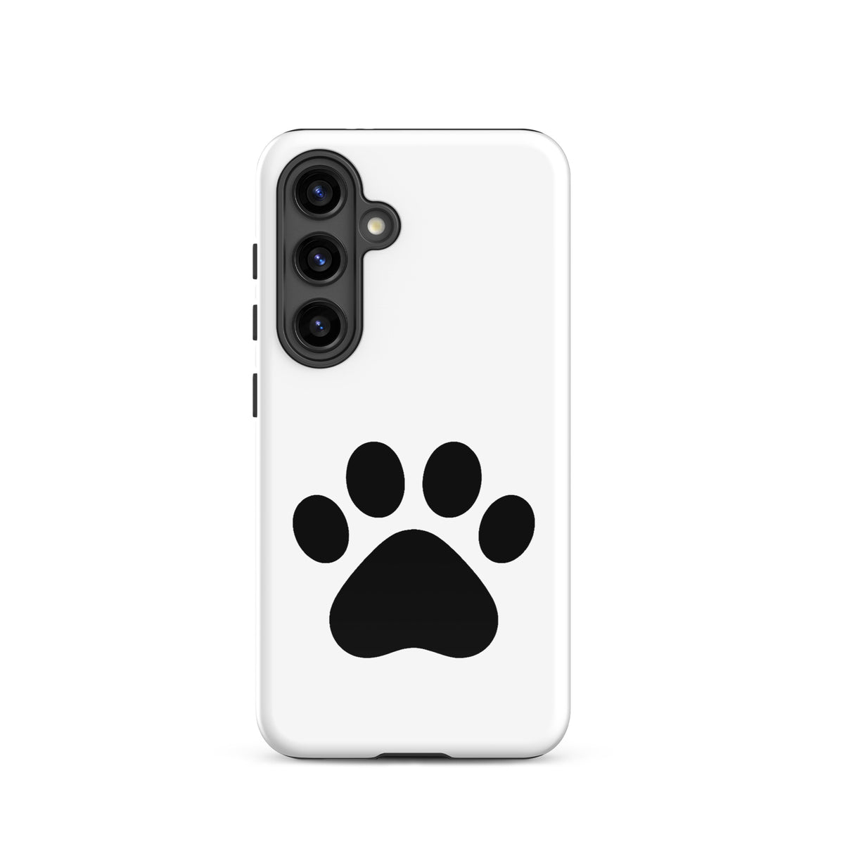 Phone Case for Samsung Galaxy with black paw print design, perfect for pet lovers, offering a stylish and durable protection in white color.
