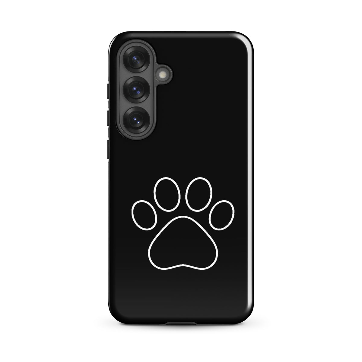 Phone Case for Samsung Galaxy with minimalist paw print design on black background, perfect for pet lovers, compatible with cats and dogs.