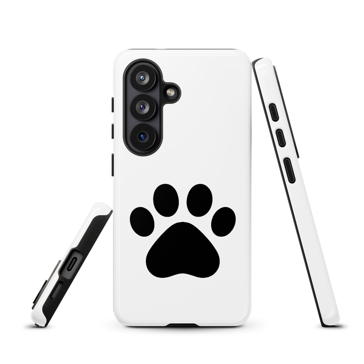 Phone Case for Samsung Galaxy with black paw print design for pet lovers in white, showcasing minimalist style and device protection.