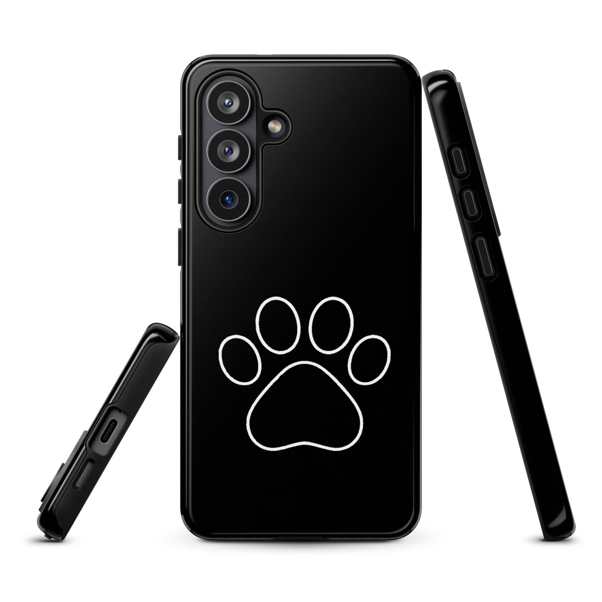 Phone Case for Samsung Galaxy with black paw print design for pet lovers, offering sleek protection for cat and dog enthusiasts.