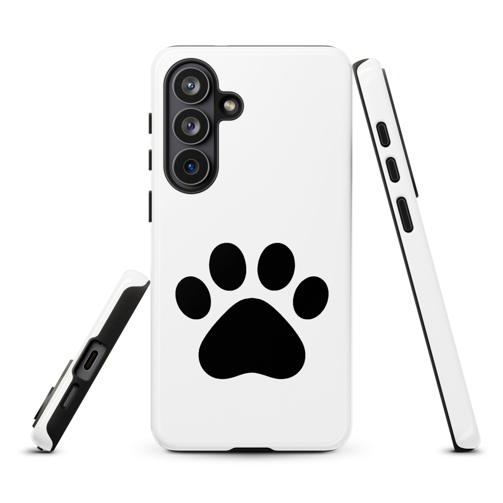 Phone Case for Samsung Galaxy with paw print design, perfect for pet lovers, in white and black, showcasing cat and dog themed durability.