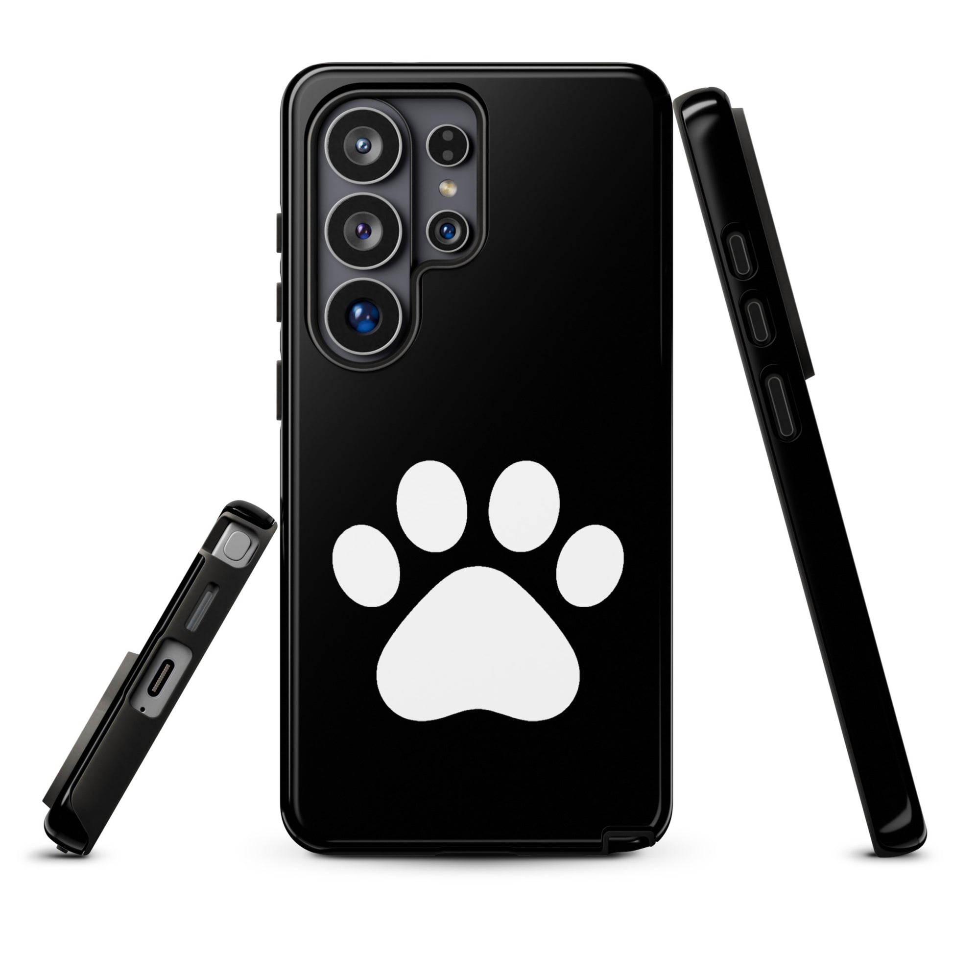 Phone Case for Samsung Galaxy with black and white paw print design for pet lovers, showcasing durability and style.
