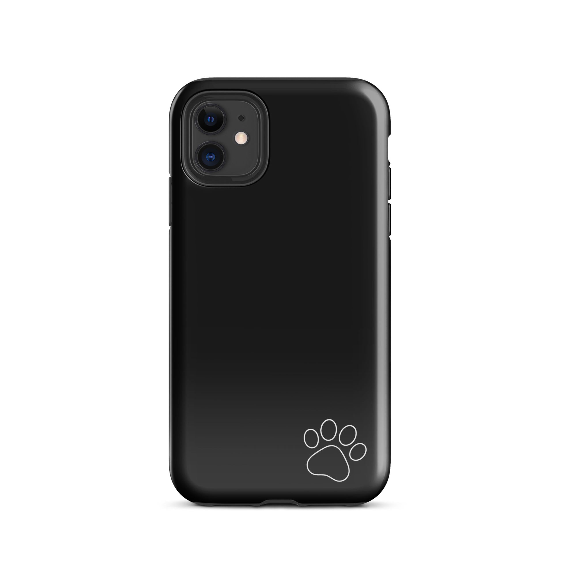 Phone Case for iPhone featuring a minimalist black design with a white paw print in the lower right corner.