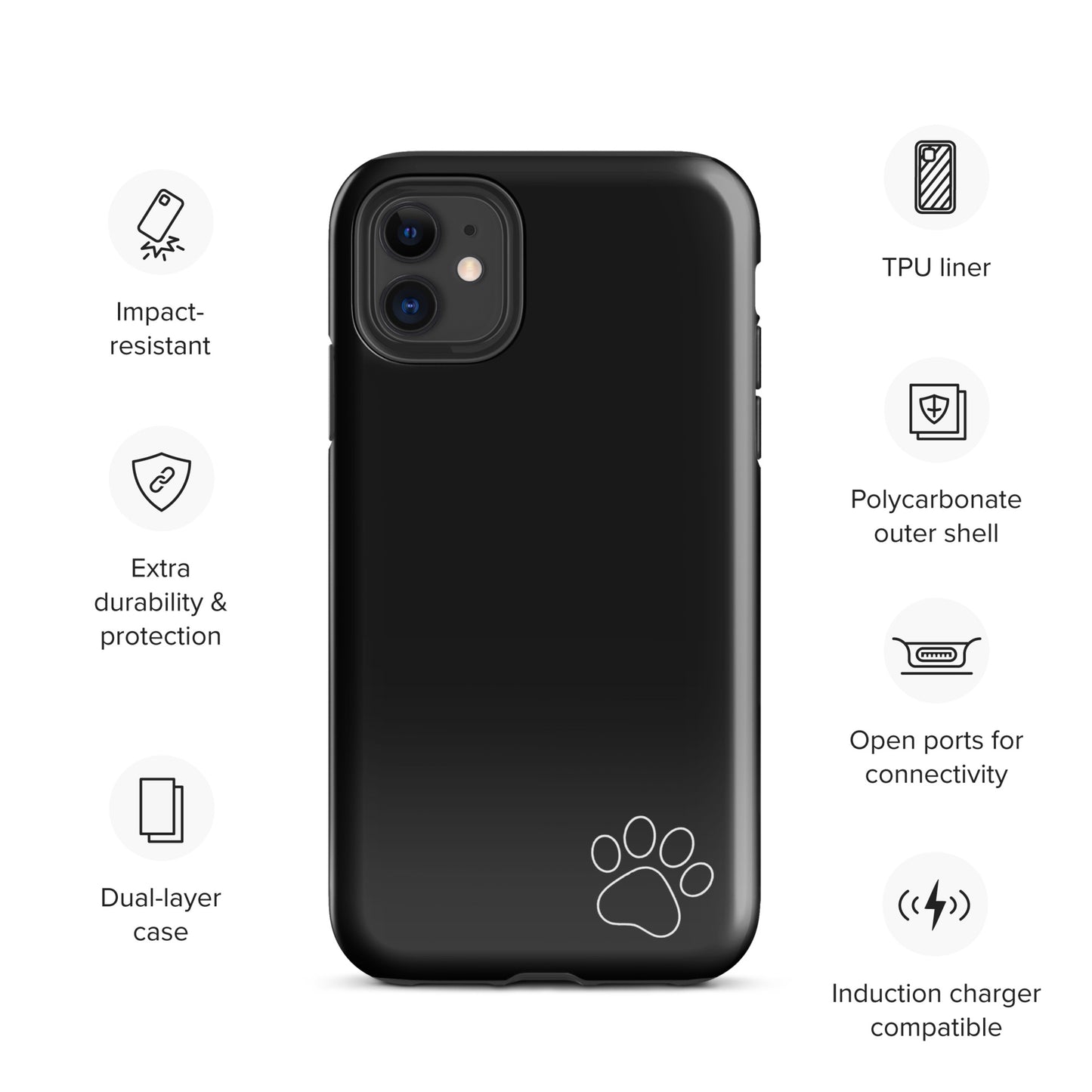 Phone Case - Black Paw‑Print Luxe Minimalist Tough Case for iPhone, impact-resistant with a polycarbonate shell and TPU liner.