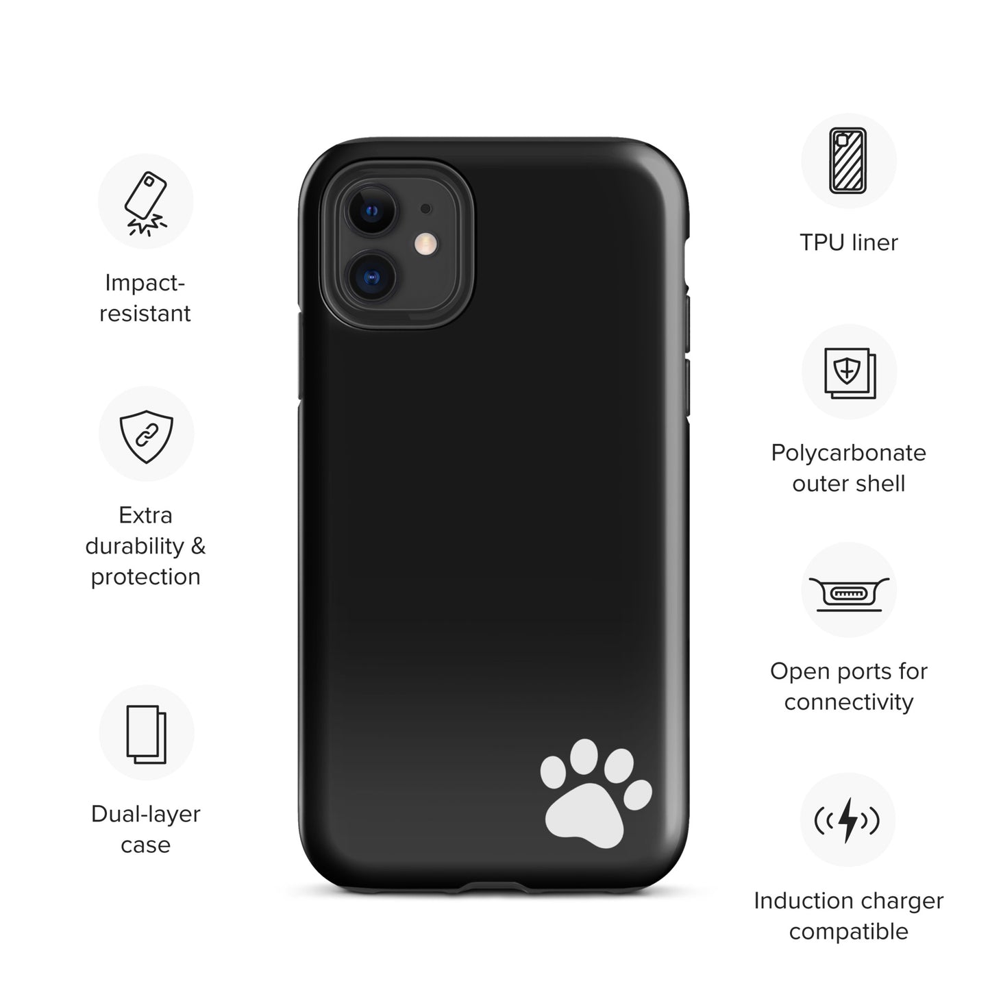 Phone Case for iPhone with paw print design, featuring impact-resistant TPU liner and polycarbonate shell for extra durability.