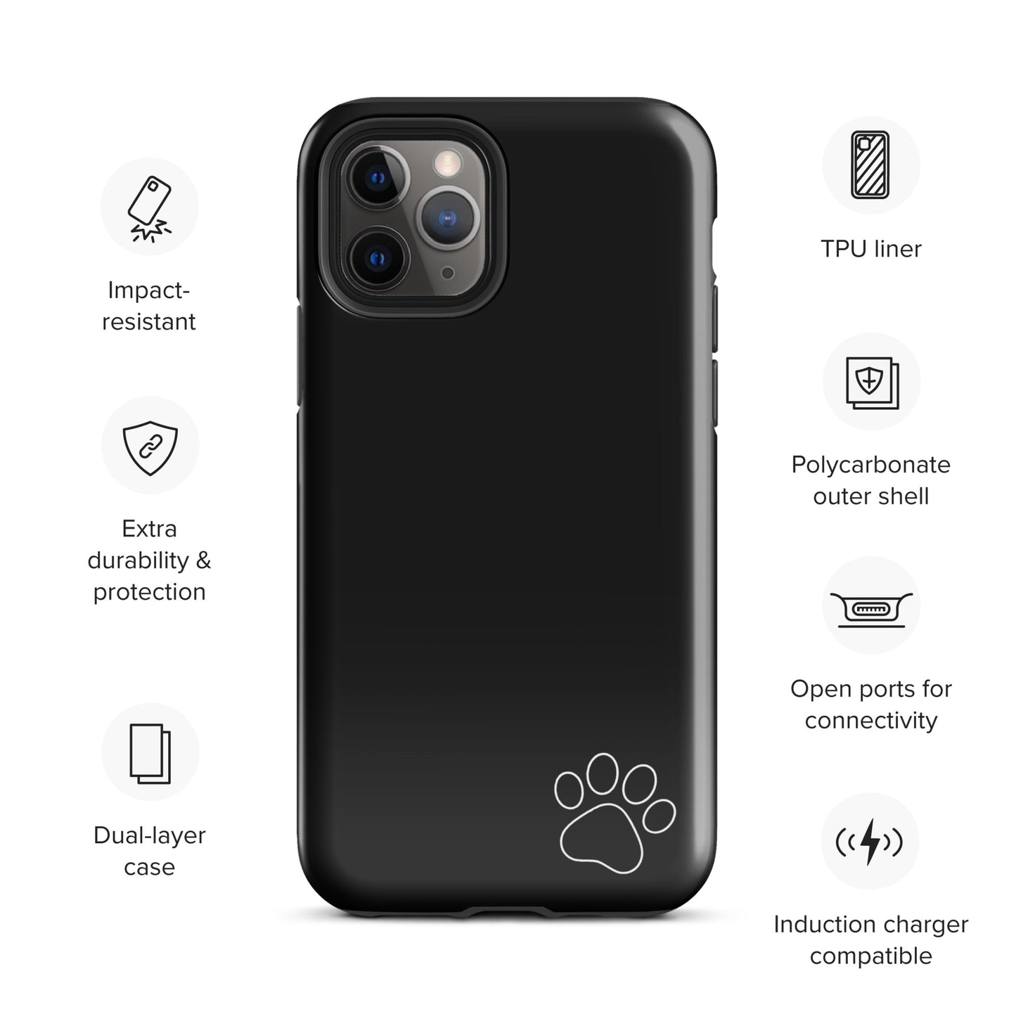 Phone Case for iPhone: sleek black case with white paw print, features impact-resistant TPU liner and polycarbonate shell.