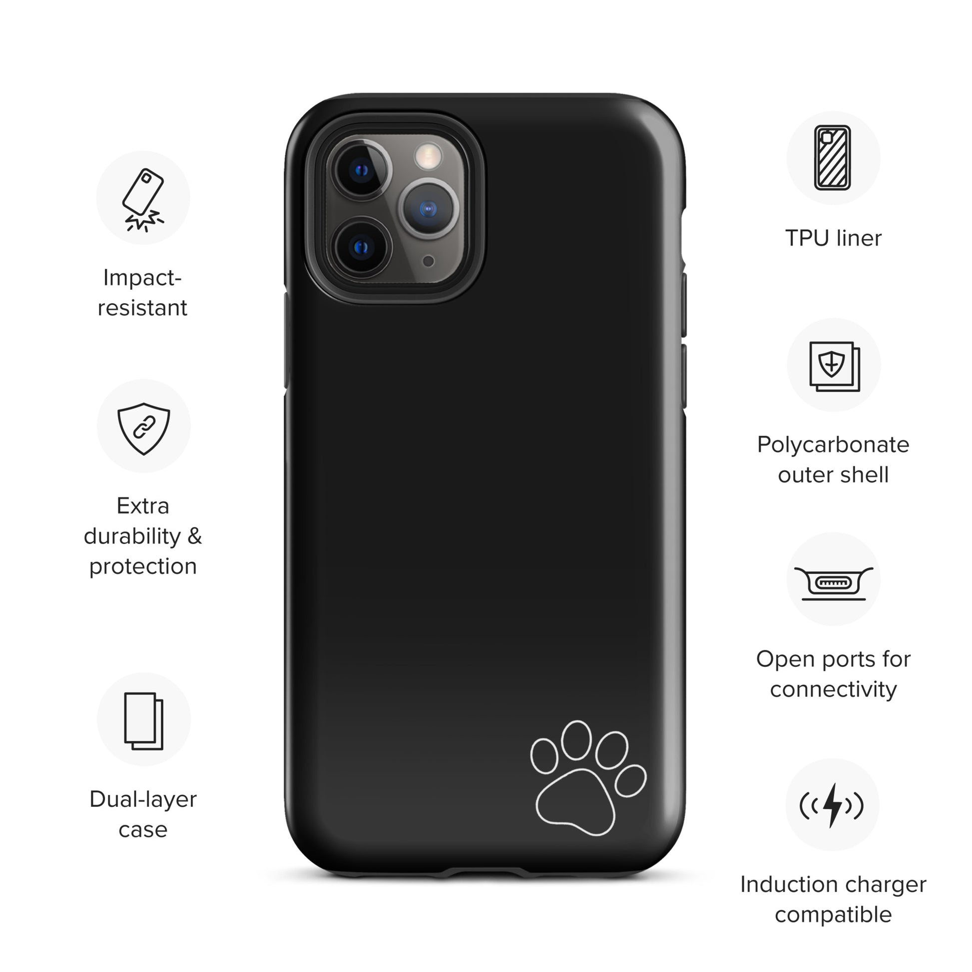 Phone Case for iPhone: sleek black case with white paw print, features impact-resistant TPU liner and polycarbonate shell.