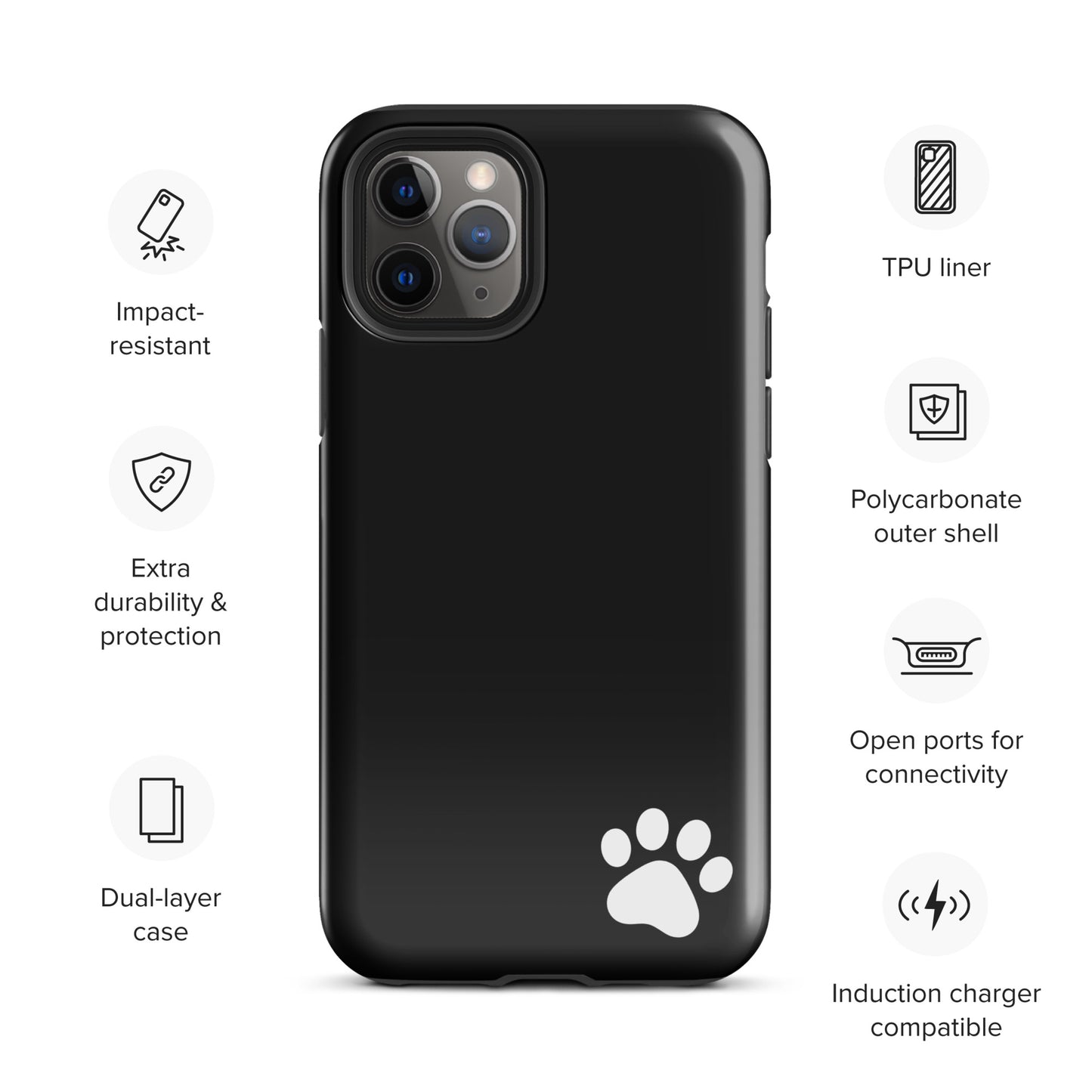 Phone Case for iPhone with white paw-print design, impact-resistant polycarbonate shell, TPU liner, durable protection, and charging compatibility.