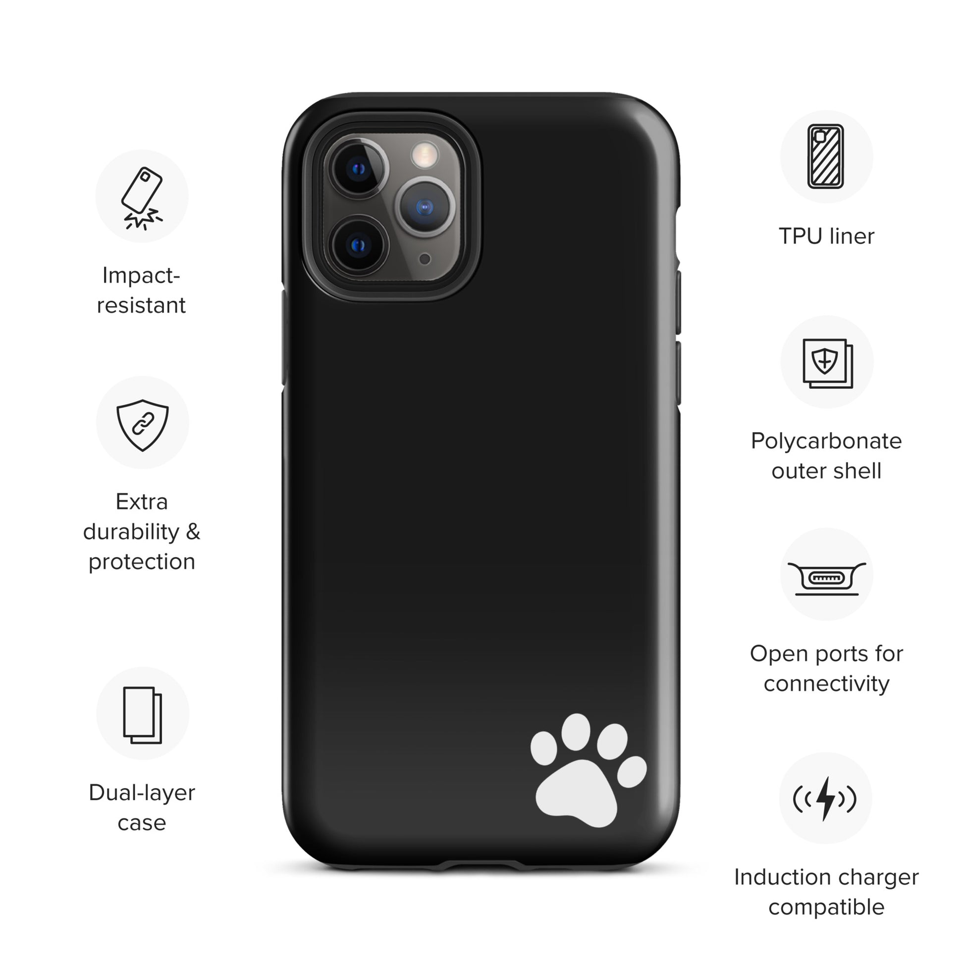 Phone Case for iPhone with white paw-print design, impact-resistant polycarbonate shell, TPU liner, durable protection, and charging compatibility.