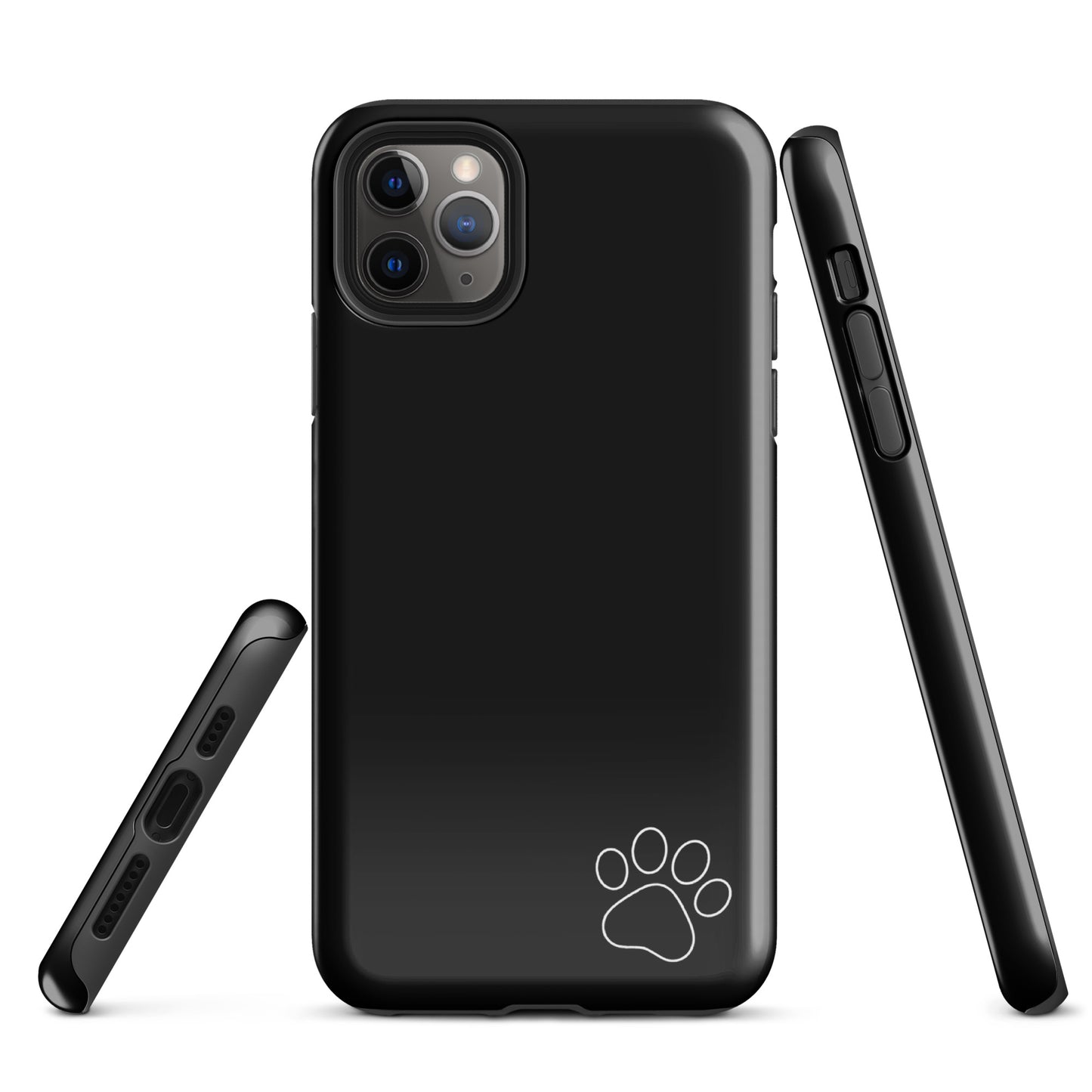 Black Phone Case for iPhone with white paw print design, showcasing minimalist style and tough exterior.