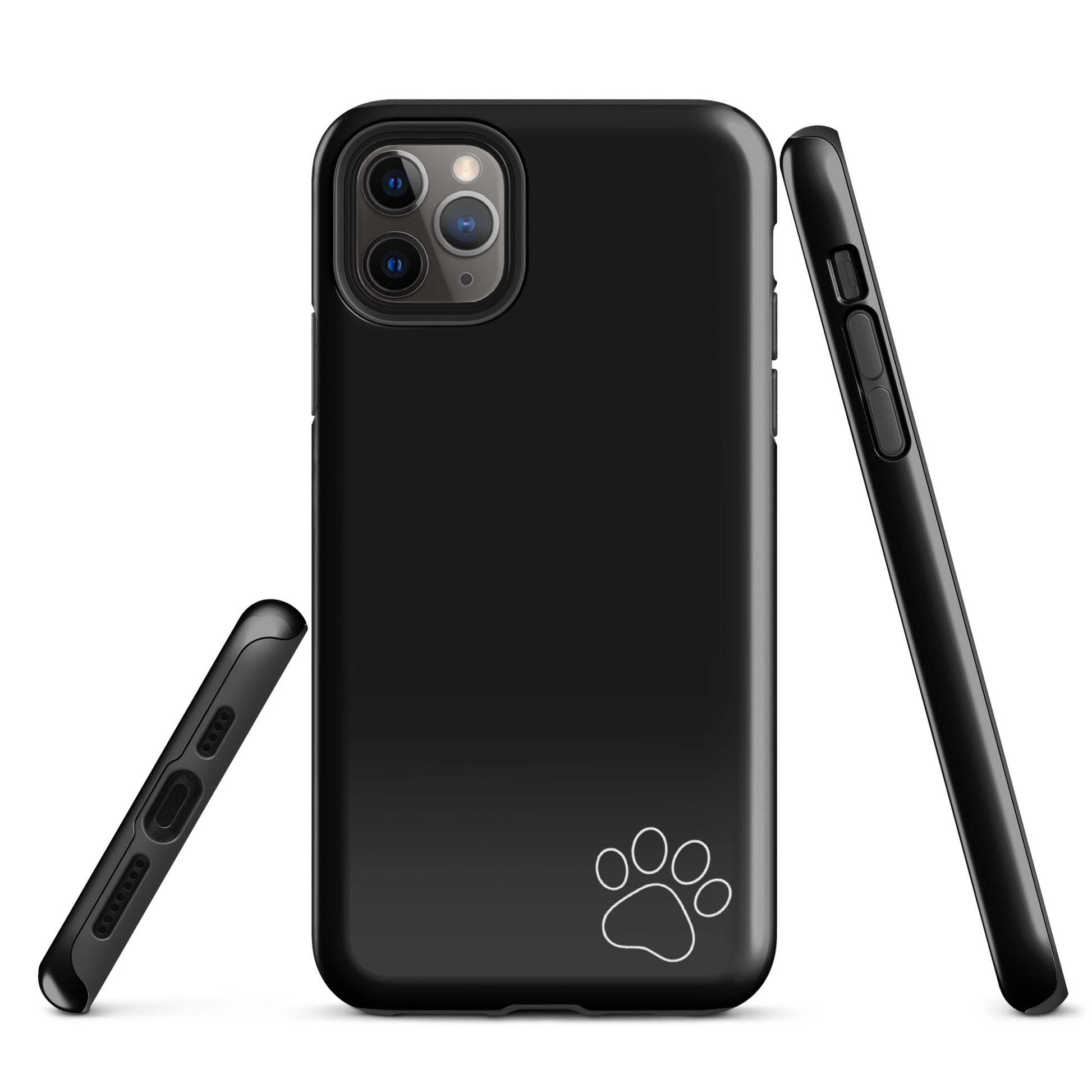 Black Phone Case for iPhone with white paw print design, showcasing minimalist style and tough exterior.