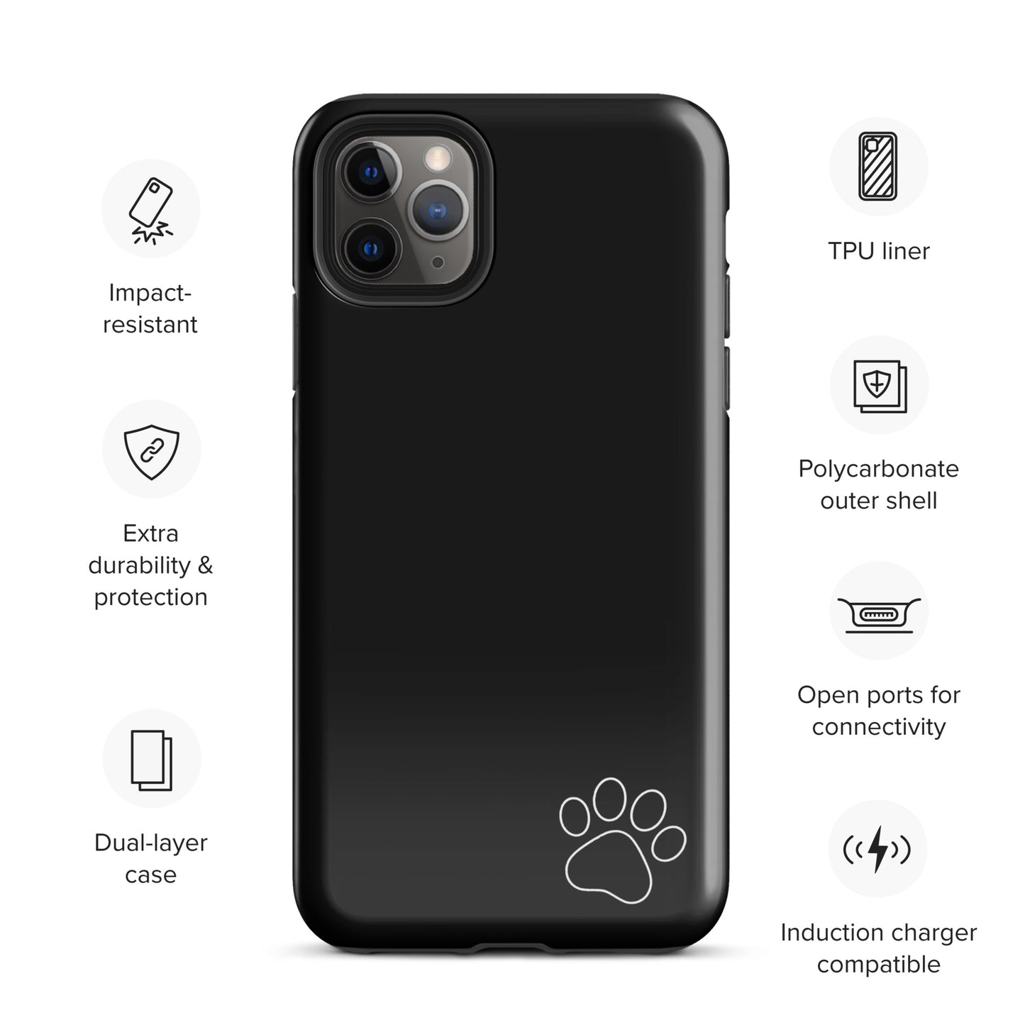 Phone Case for iPhone with paw-print design, black minimalist tough case emphasizing style and protection.