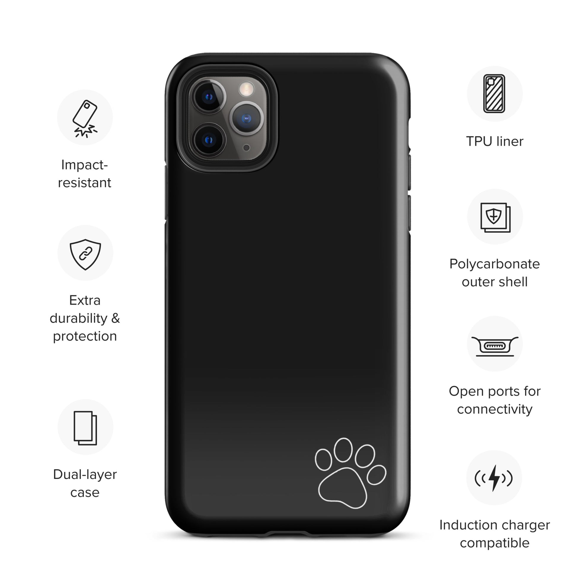 Phone Case for iPhone with paw-print design, black minimalist tough case emphasizing style and protection.