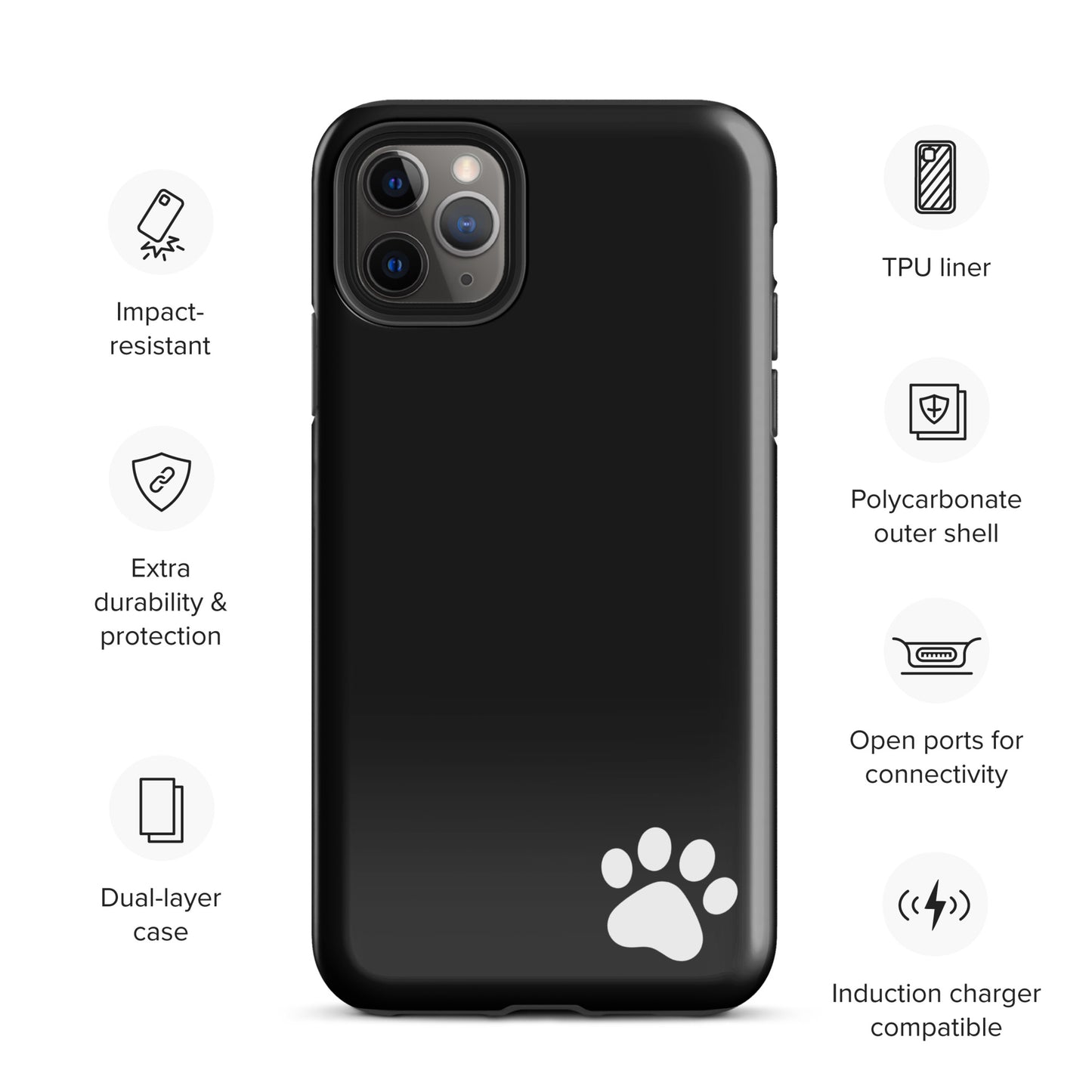 Sleek black Phone Case for iPhone with a white paw print design, featuring impact resistance and compatibility with induction charging.