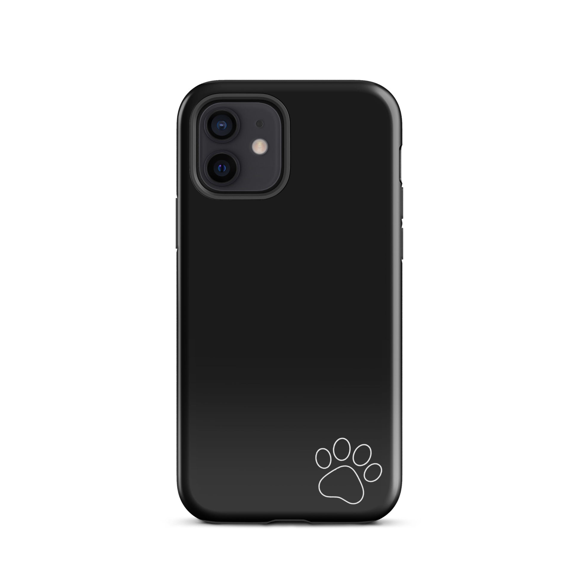 Phone Case for iPhone with black design and white paw print in corner, minimalist and tough for pet lovers.