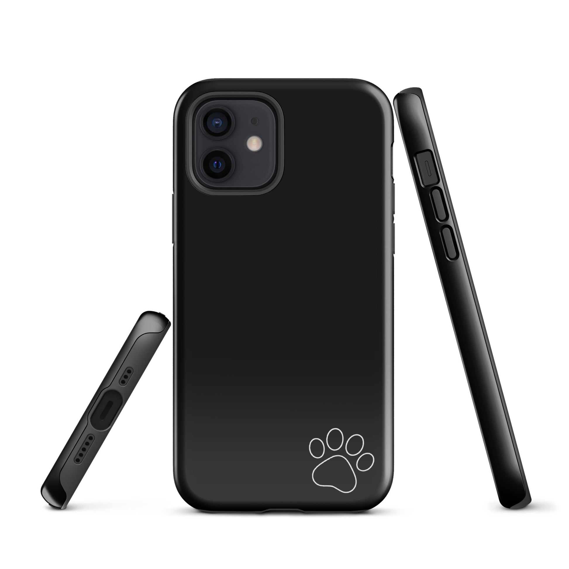 Sleek black Phone Case for iPhone with a white paw print in the corner, combining minimalist design and playful charm for animal lovers.