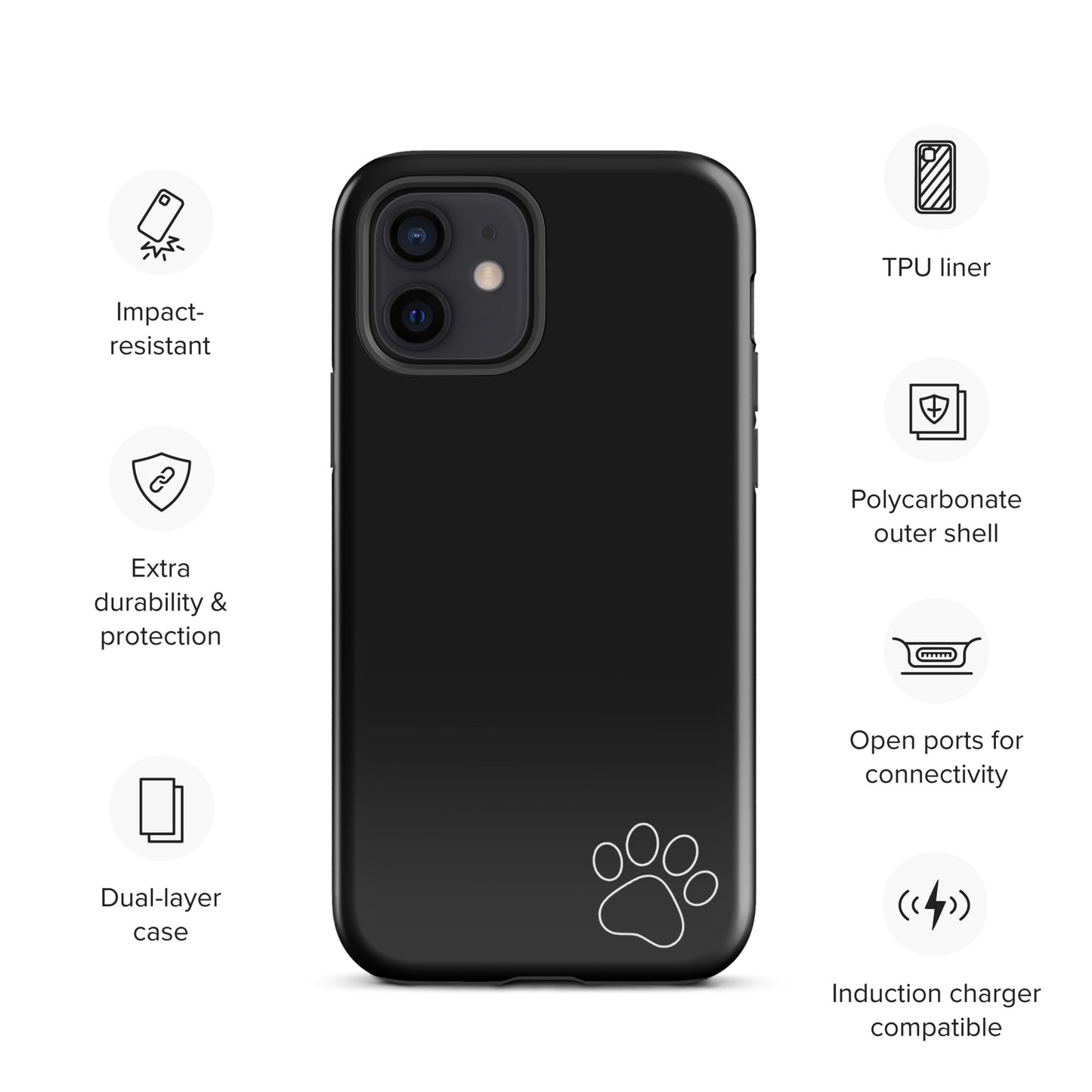 Black Phone Case for iPhone with white paw print design, showcasing impact-resistant features and dual-layer construction for durability.