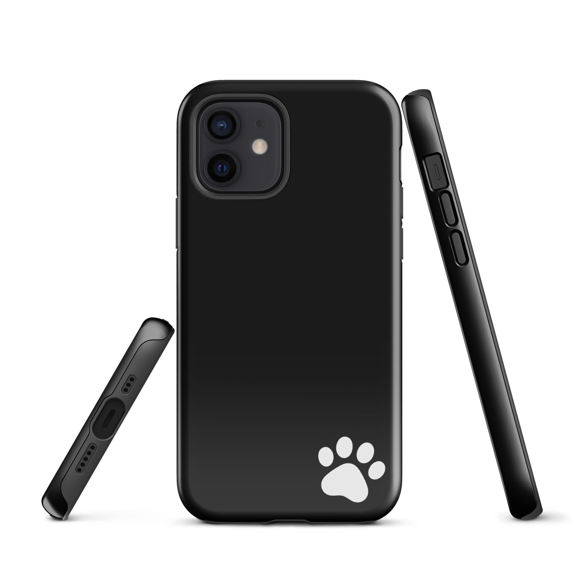 Phone Case for iPhone with black design and white paw print, minimalist tough case.