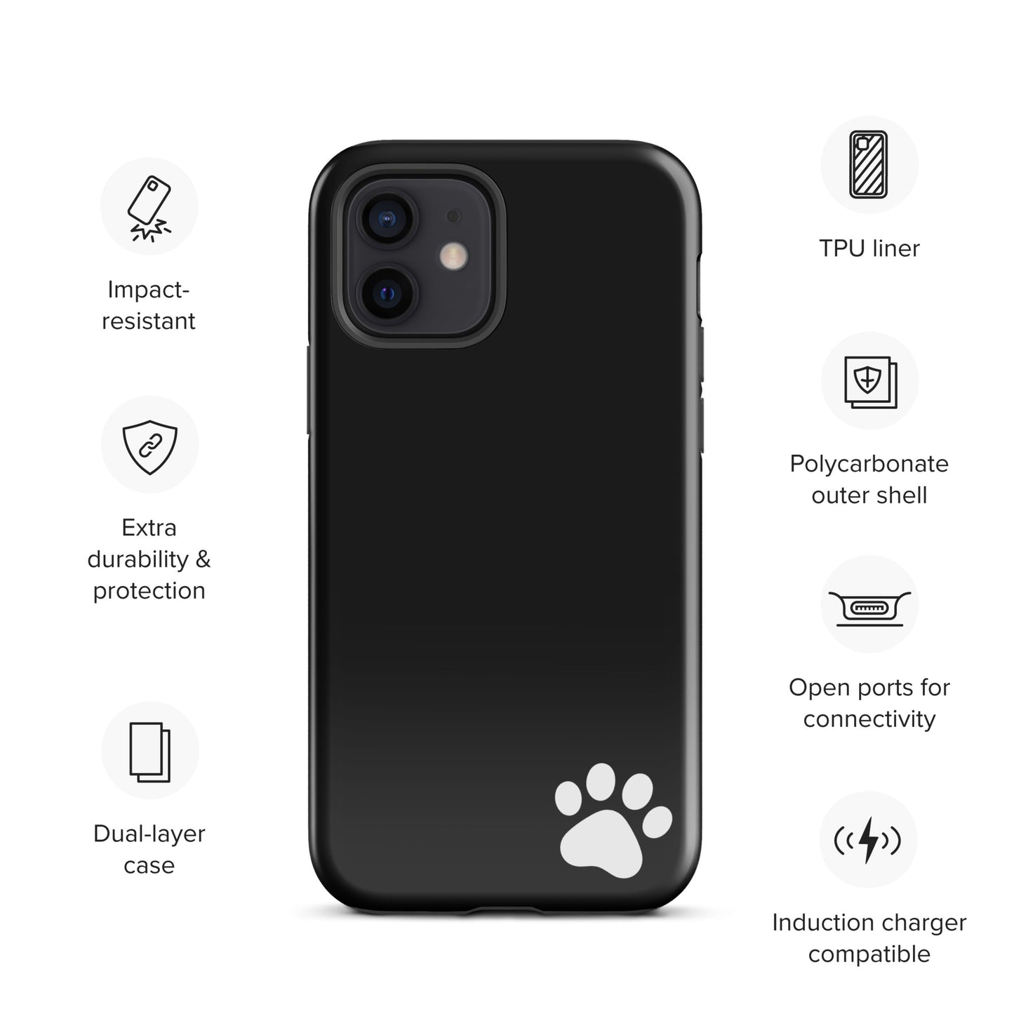 Phone Case for iPhone with white paw print design, black tough cover featuring dual-layer protection and sleek minimalist style.