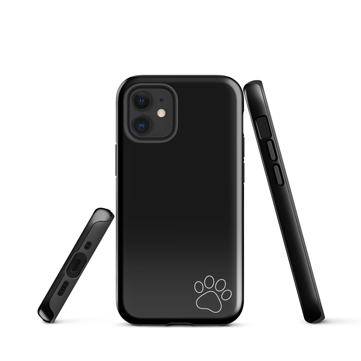 Phone Case for iPhone with white paw print minimalist design, black Tough Case showcasing sleek and stylish protection.