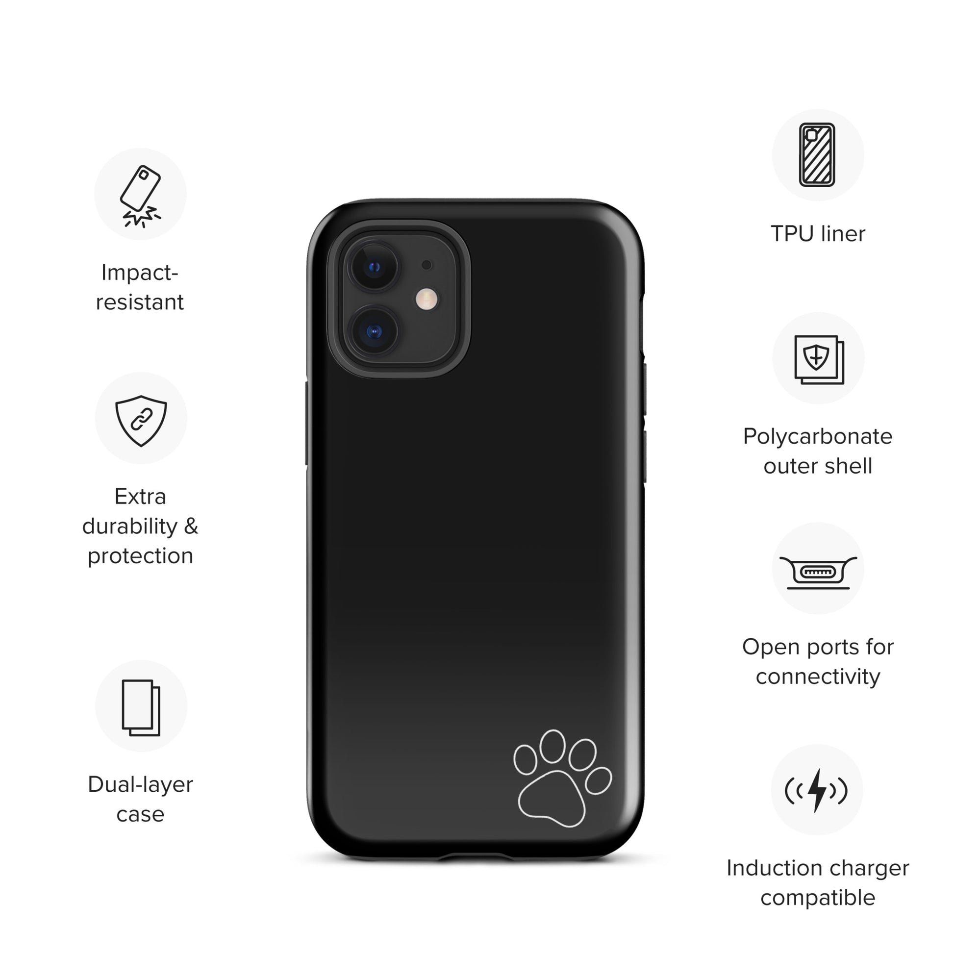 Black Phone Case for iPhone with white paw print, impact-resistant, TPU liner, dual-layer, compatible with wireless charging.