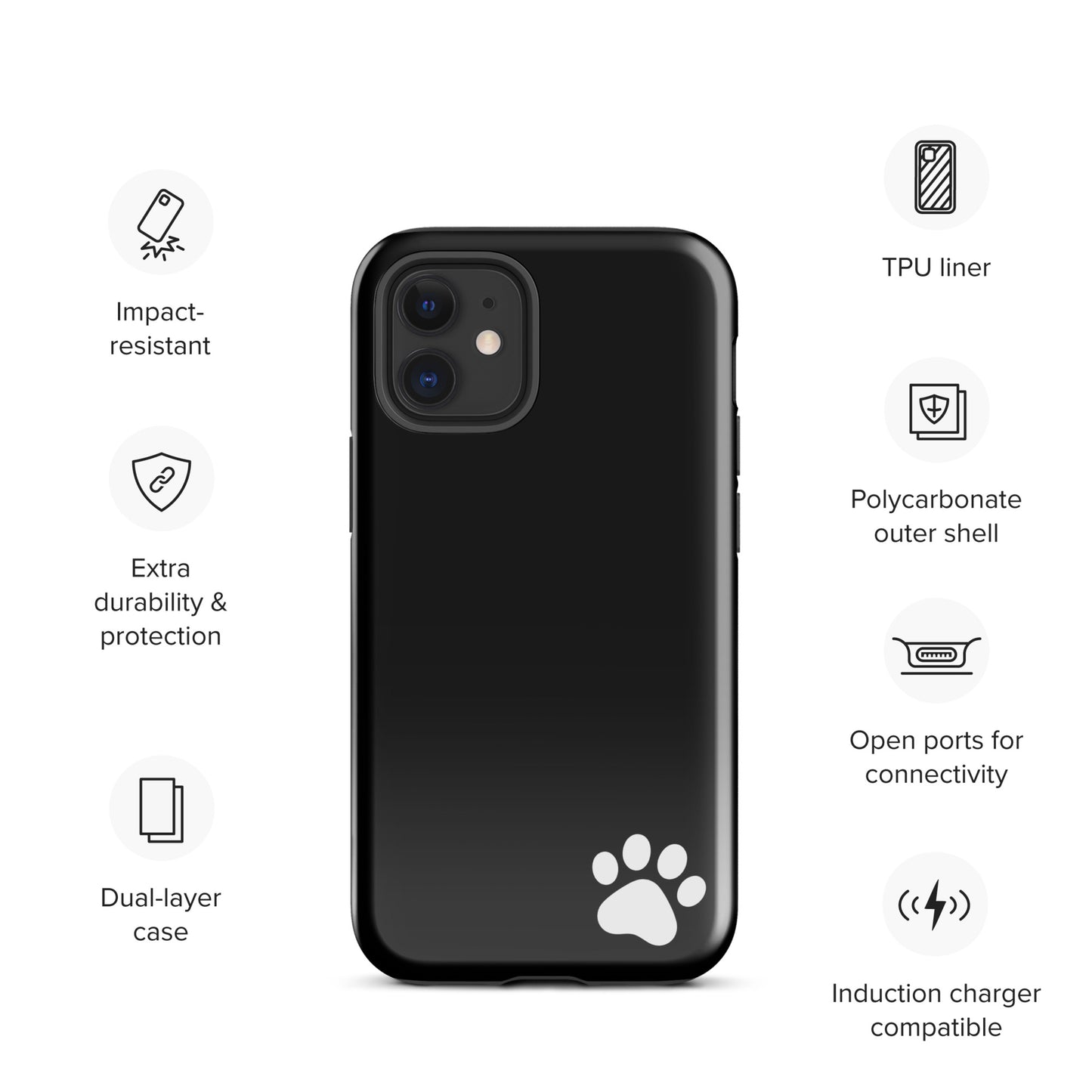 Black Phone Case for iPhone with white paw print design, impact-resistant, polycarbonate shell, dual-layer protection, charger compatible.