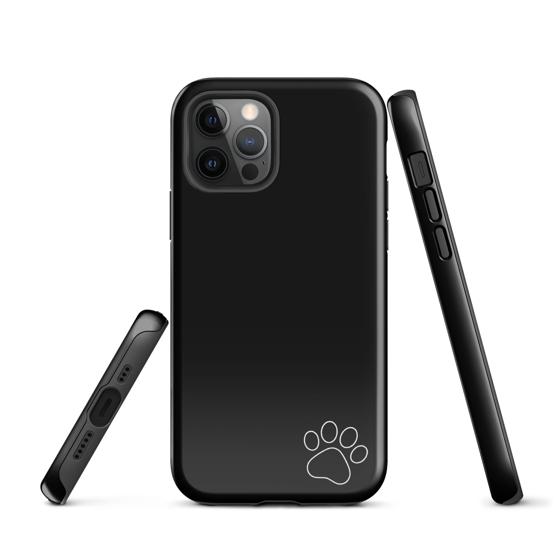 Sleek black Phone Case for iPhone with minimalist white paw print design in the lower right corner, offering style and protection.