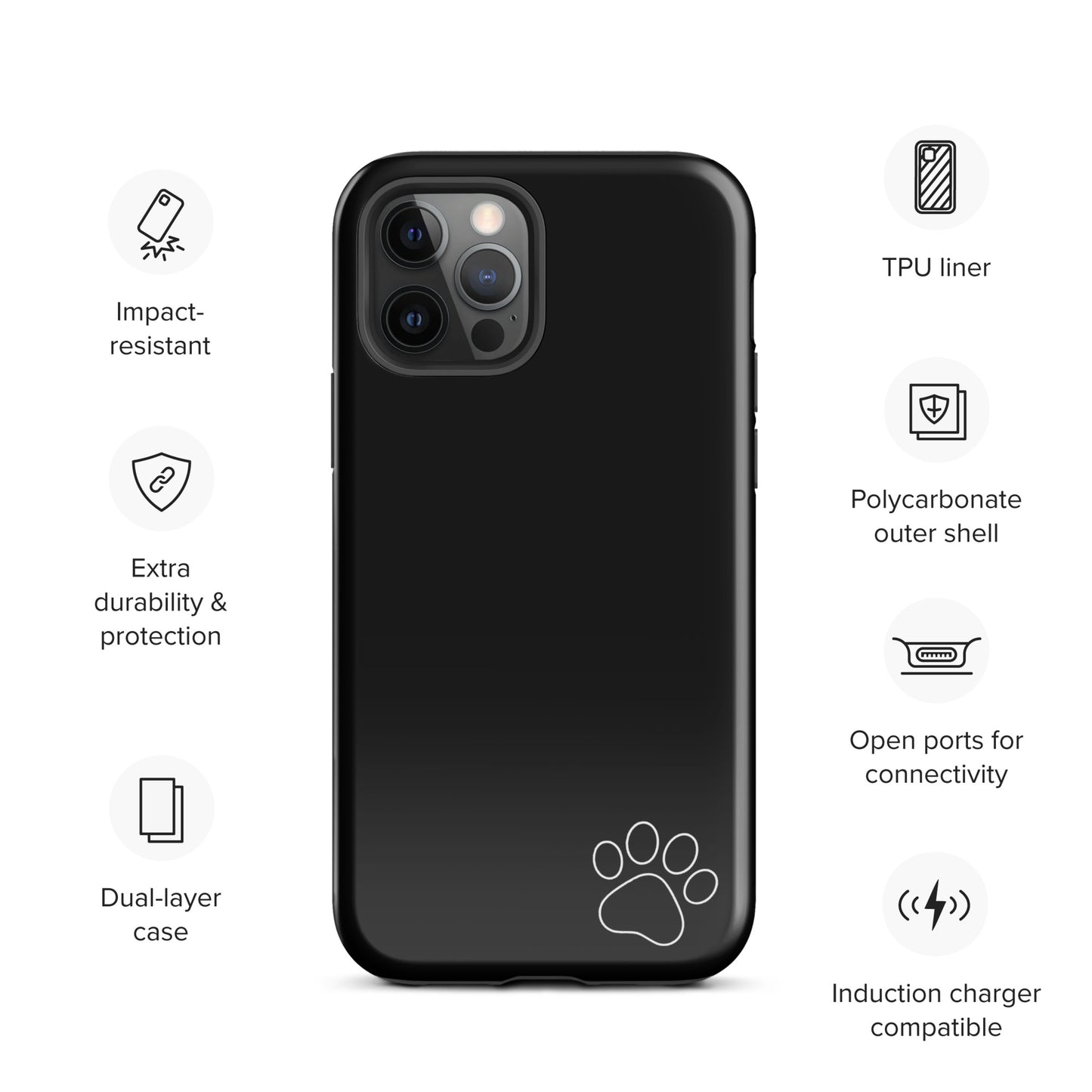 Phone Case with paw print design on black background featuring impact-resistant and protective features for iPhone.