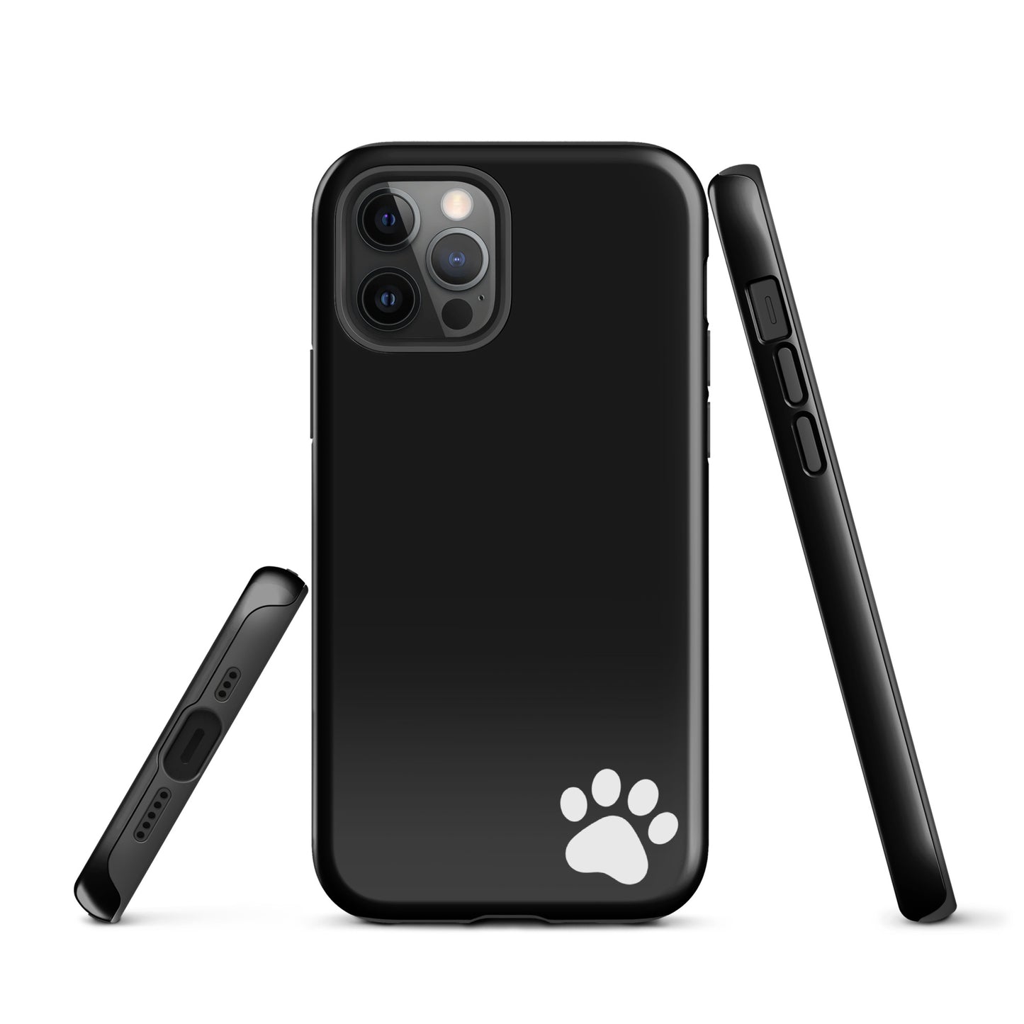 Phone Case for iPhone featuring a black sleek design with white paw print, stylish minimalist tough case for iPhone users.