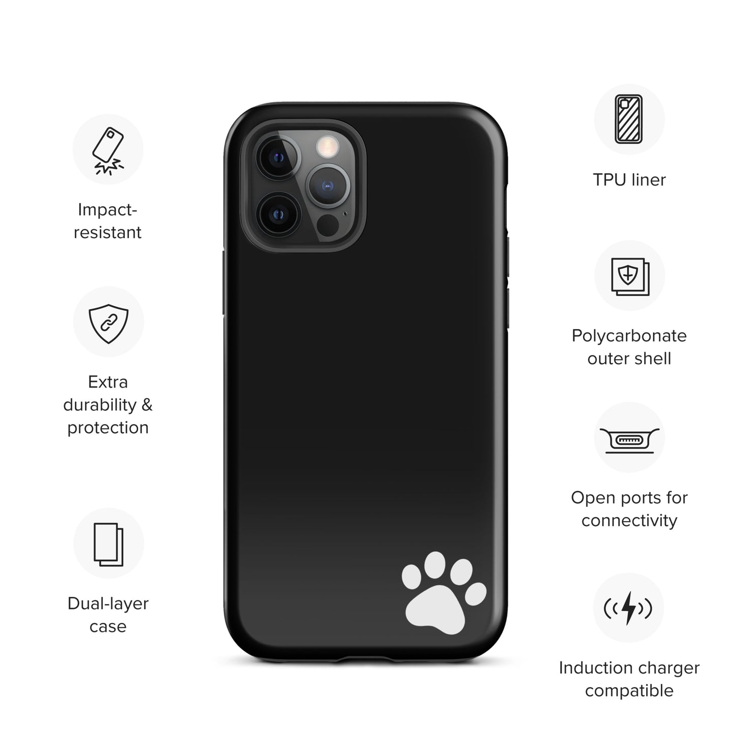 Phone Case for iPhone with white paw print, black tough case, dual-layer protection, and impact-resistant design.