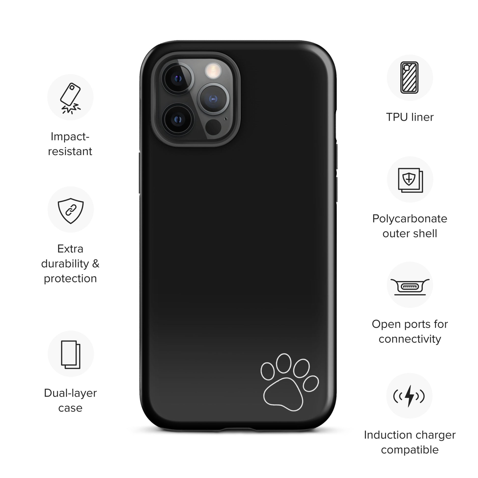 Phone Case for iPhone with paw print design, black minimalist Tough Case, offers durability and style, animal lover accessory.