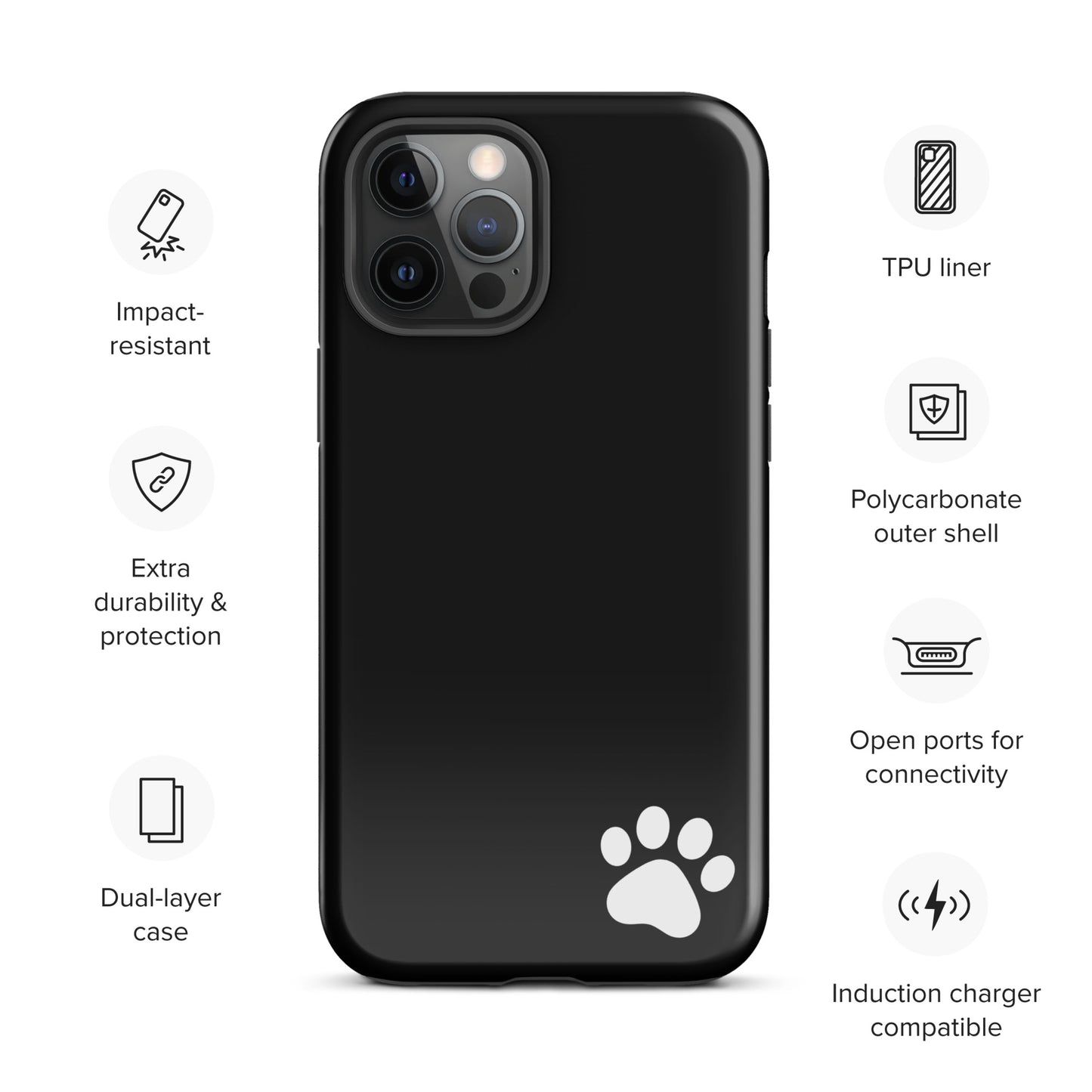 Phone Case for iPhone with paw print, black Tough Case, impact-resistant, dual-layer, modern design, animal-themed accessory.