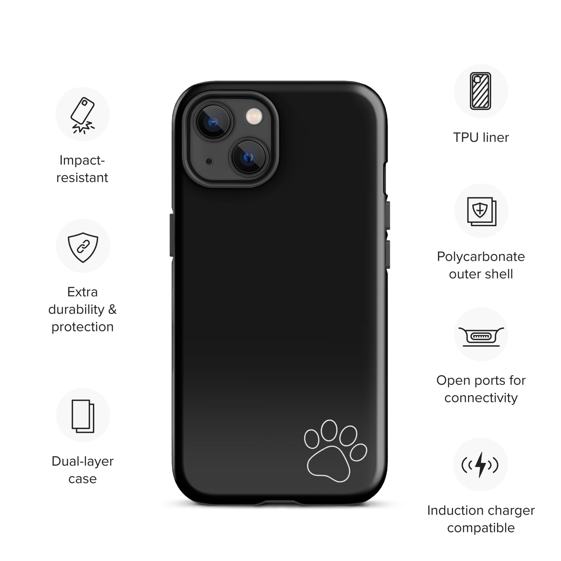 Phone Case for iPhone with paw-print design, showcasing impact-resistant, dual-layer protection and open connectivity ports.