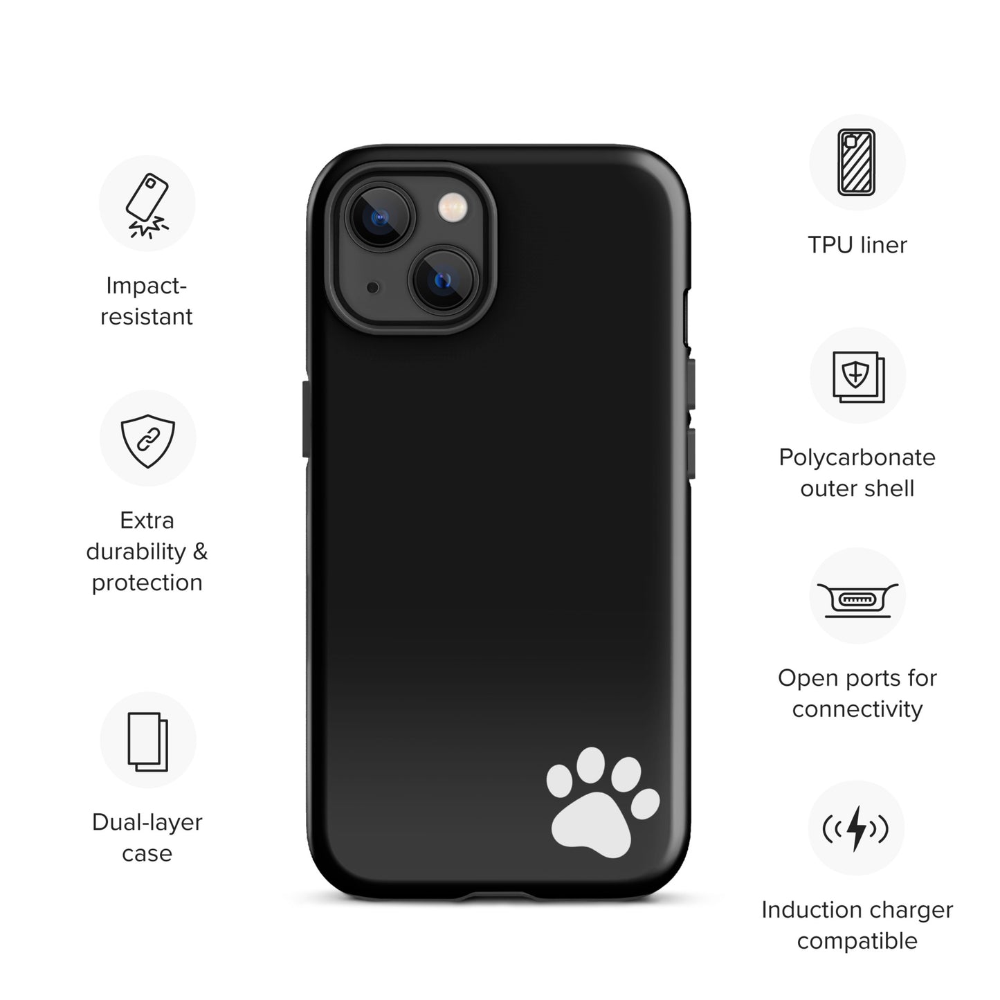 Phone Case for iPhone with black design and white paw print, featuring impact-resistant polycarbonate shell and dual-layer protection.
