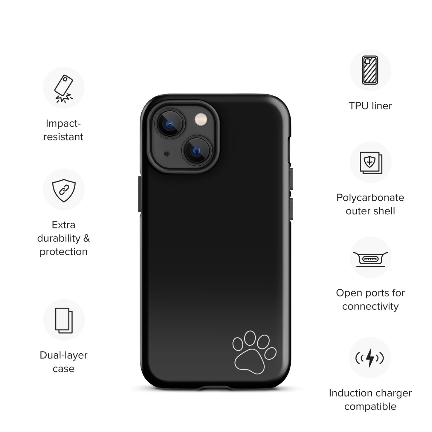 Phone Case for iPhone with black design and white paw print, featuring impact resistance and dual-layer protection.
