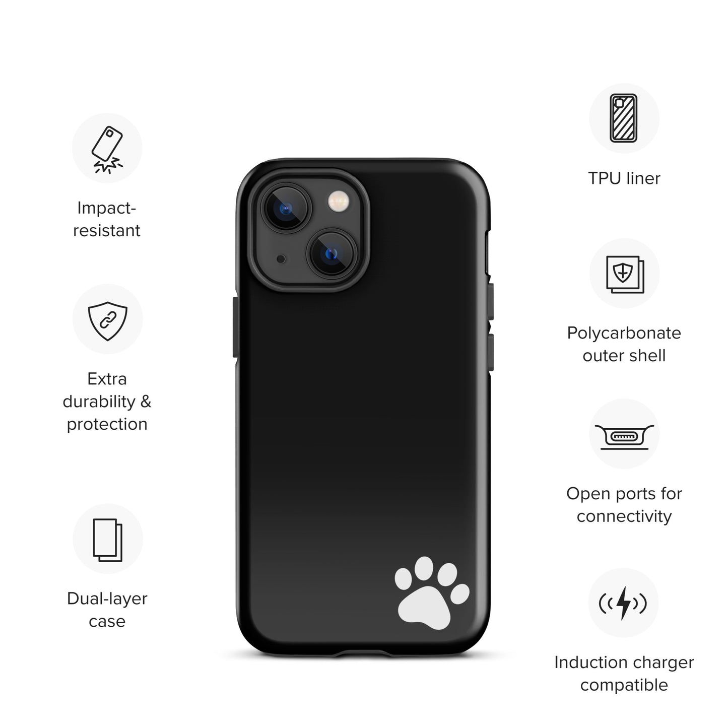 Phone Case for iPhone with white paw print design, impact-resistant and durable. Perfect for pet lovers seeking style and protection.