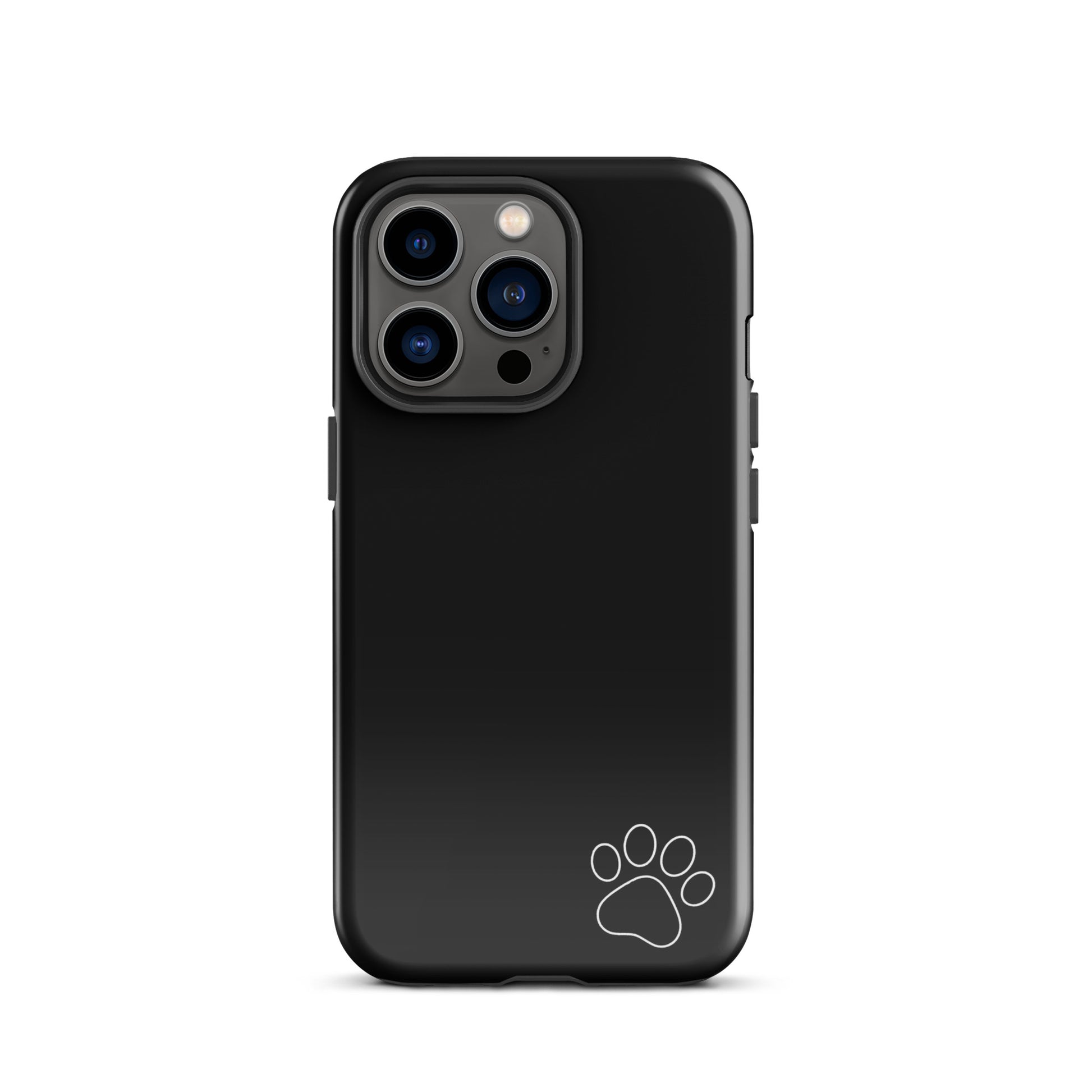 Black Phone Case for iPhone with white paw print design in lower corner, minimalist and stylish tough case for animal lovers and pet parents.