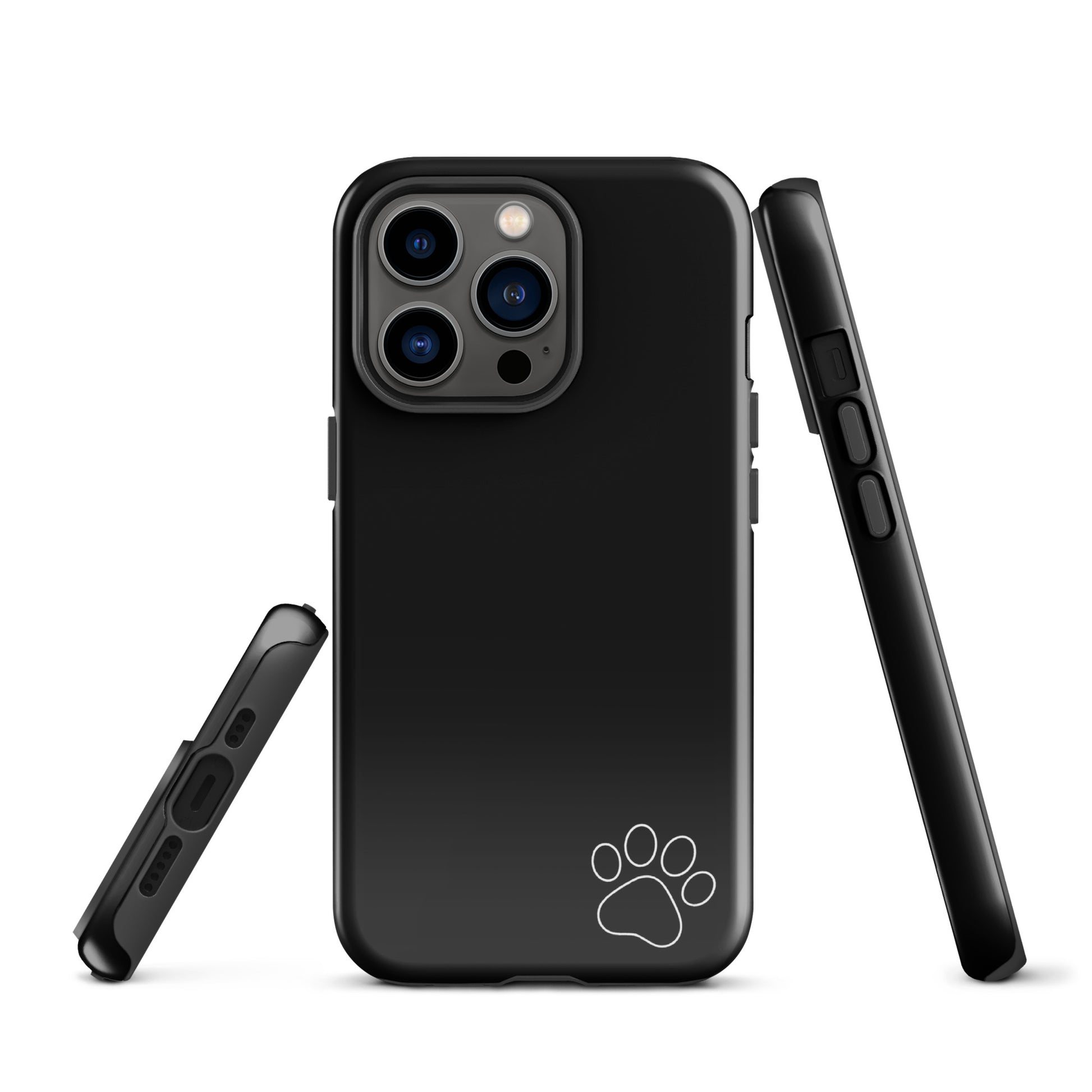 Black iPhone Phone Case with minimalist white paw print design, offering tough protection and sleek style for pet lovers.
