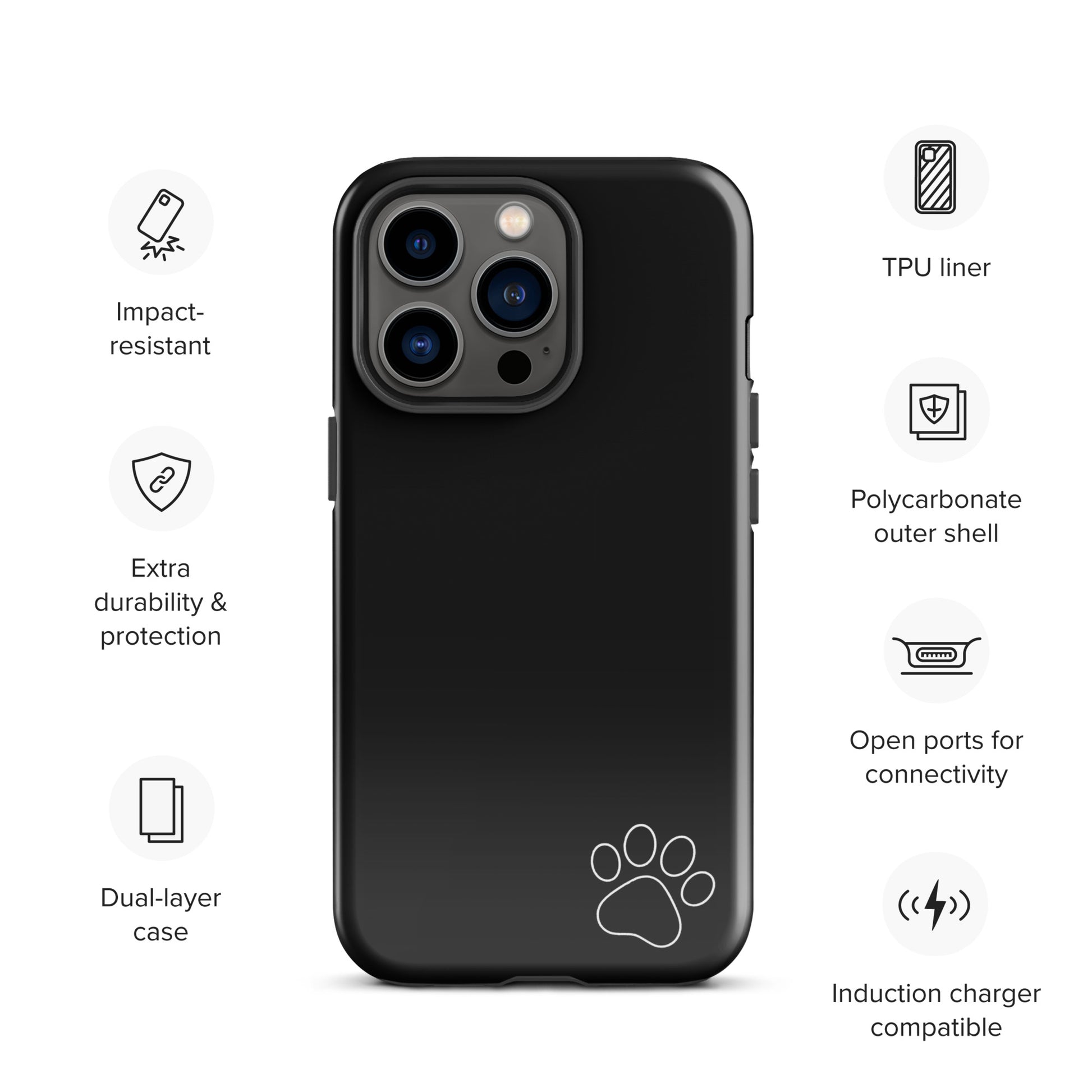 Phone Case with paw print design for iPhone, featuring durable black exterior and minimalist style with modern protection features.