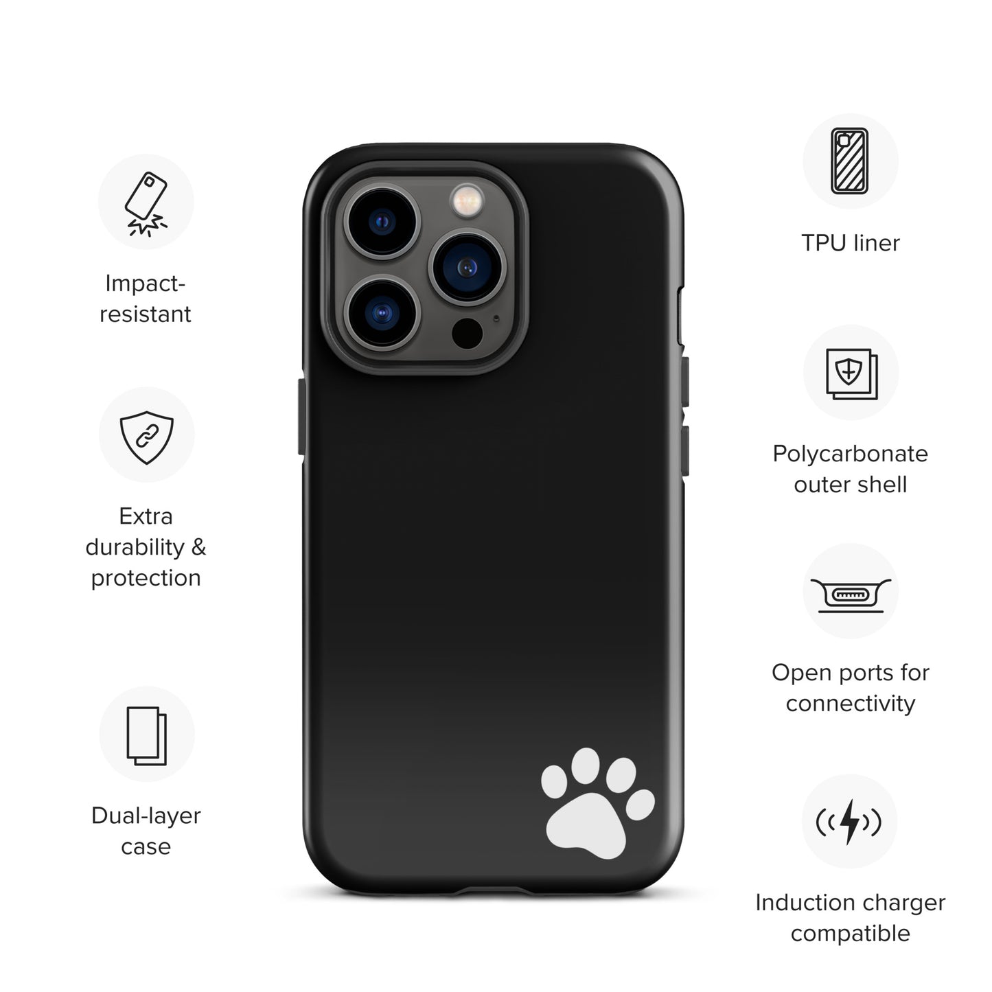 Phone Case for iPhone with black design and white paw print in corner, featuring impact-resistant polycarbonate shell and open ports.