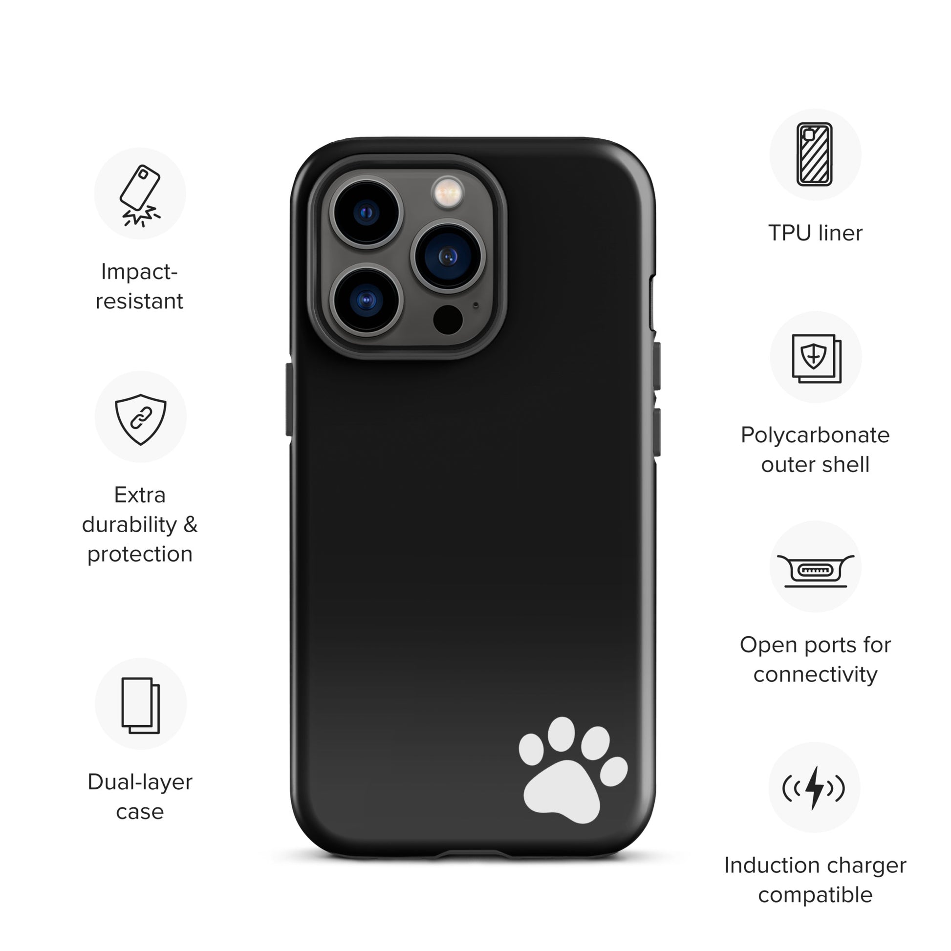 Phone Case for iPhone with black design and white paw print in corner, featuring impact-resistant polycarbonate shell and open ports.
