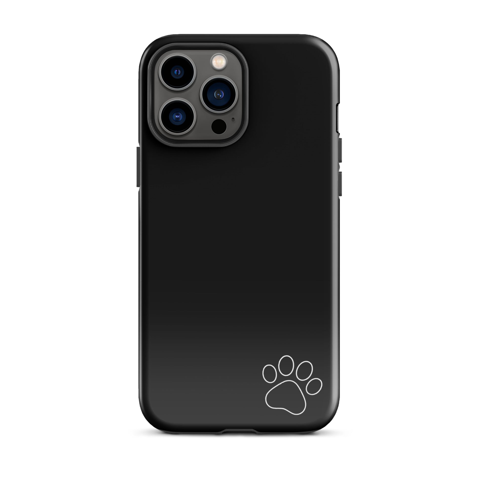 Phone Case for iPhone: black minimalist tough case with a white paw print in the corner, ideal for pet lovers and sleek design enthusiasts.