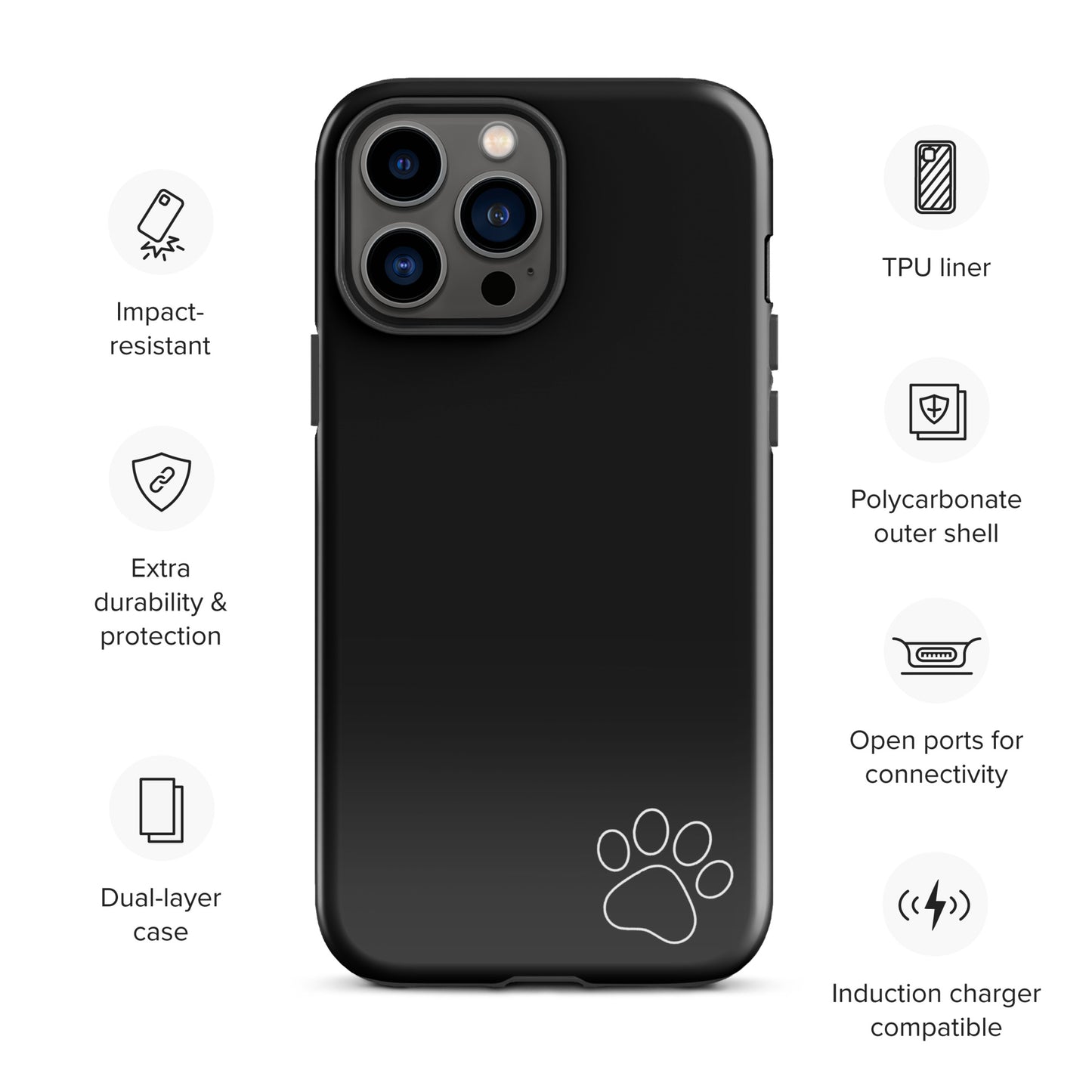 Black Phone Case for iPhone with white paw print, featuring impact-resistant design and open ports, TPU liner, and polycarbonate shell.