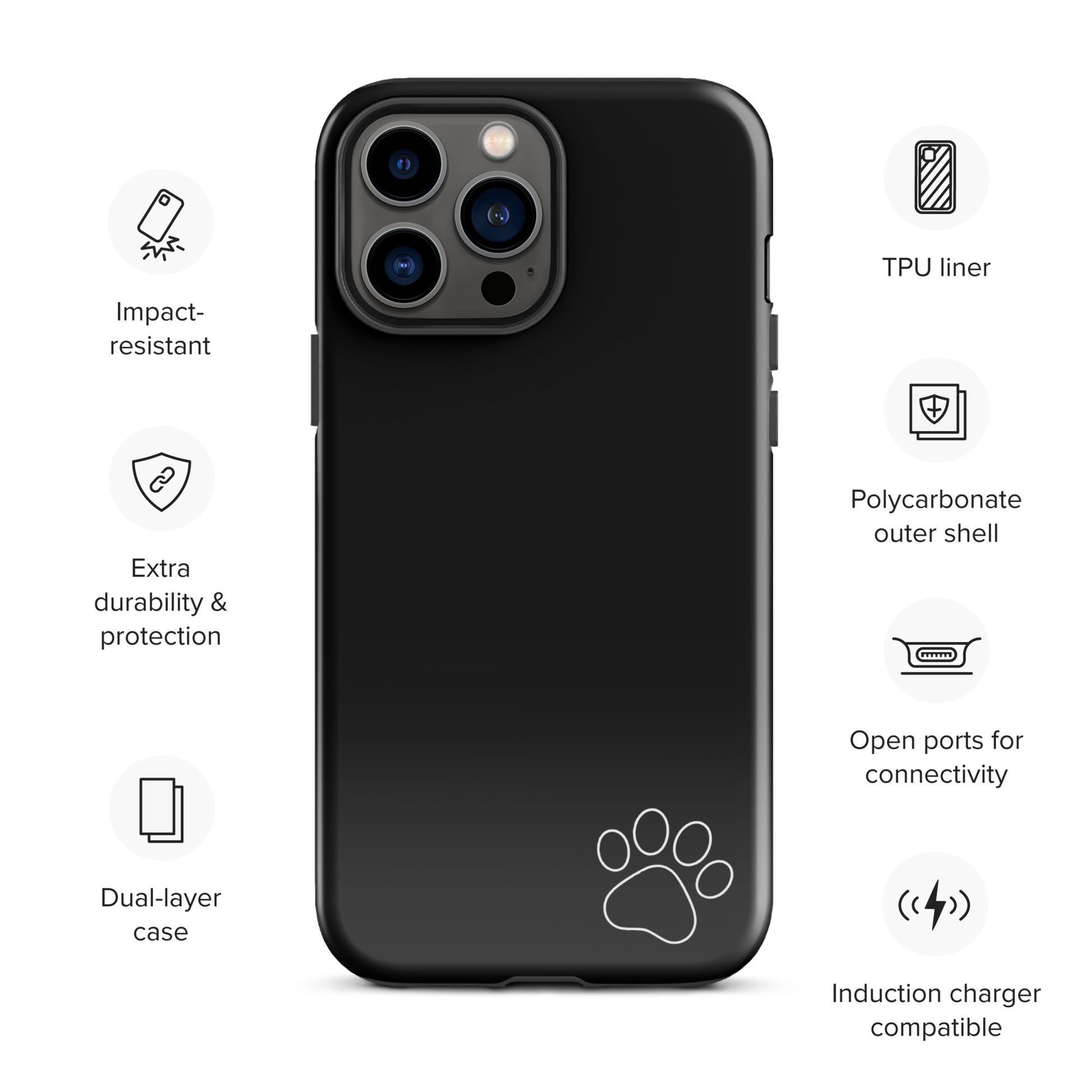 Black Phone Case for iPhone with white paw print, featuring impact-resistant design and open ports, TPU liner, and polycarbonate shell.