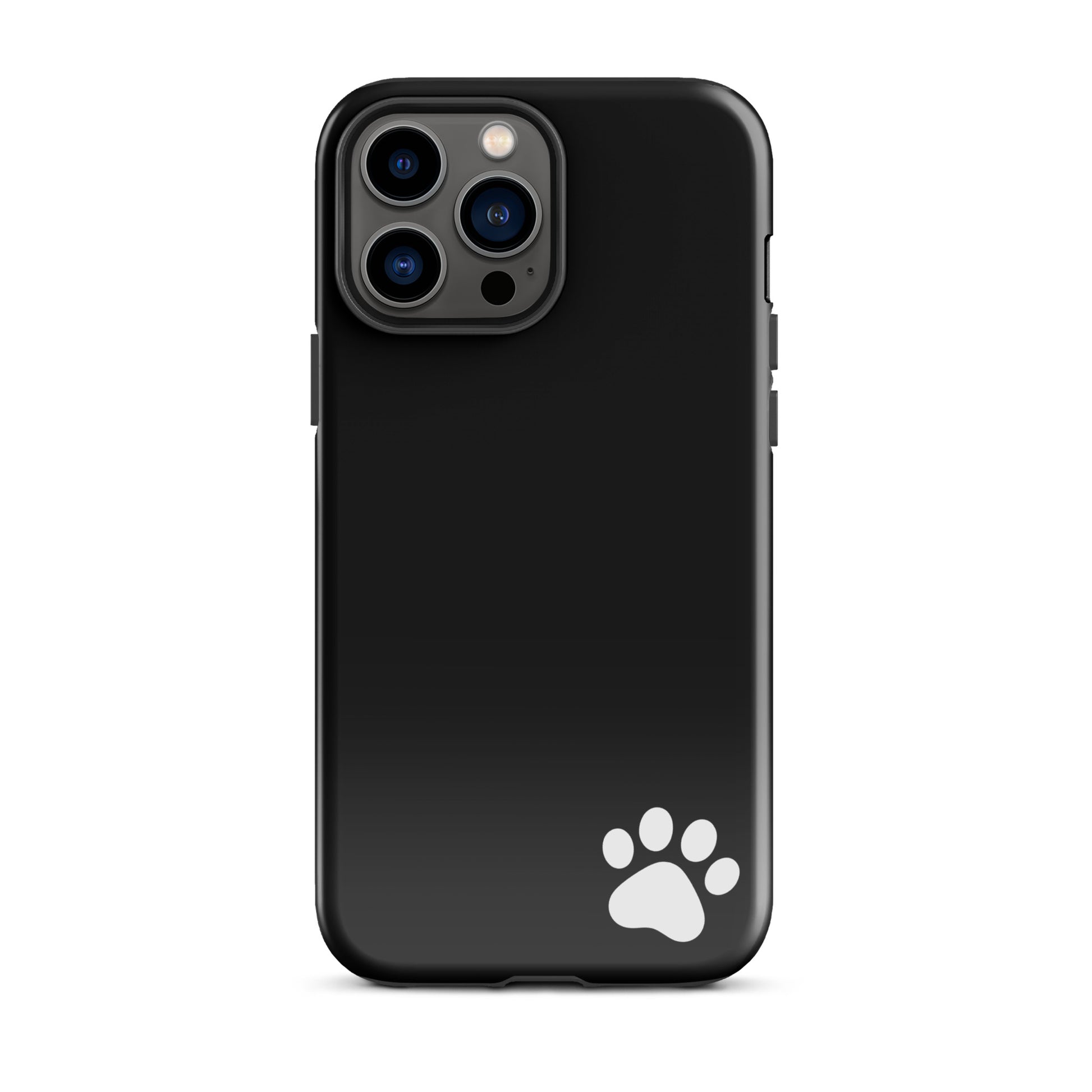 Phone Case for iPhone featuring a black minimalist design with a white paw print in the corner, ideal for pet lovers.